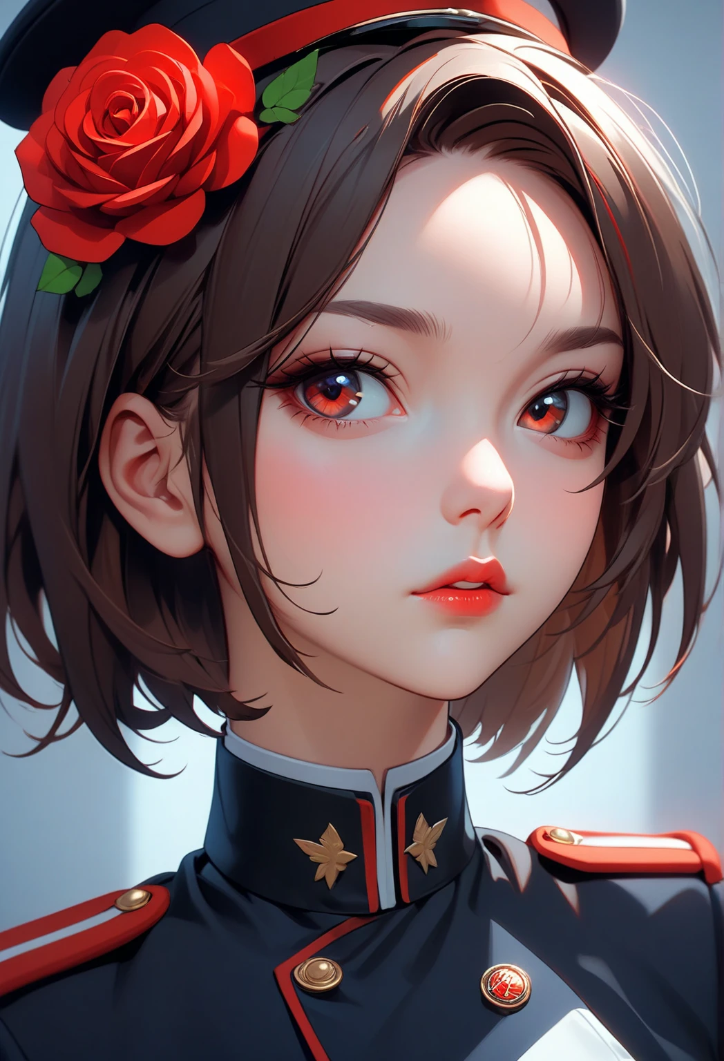  Close-up of a woman in military uniform，A red rose on her chest ,  Ilya Kuvshinov . 4K,  Inspired by Yanjun Cheng ,  Ilya Kuvshinov's Digital Art,  Inspired by guweiz  , Portrait of Rossdraws, Ilya Kuvshinov style , ArtStyle :  Ilya Kuvshinov 