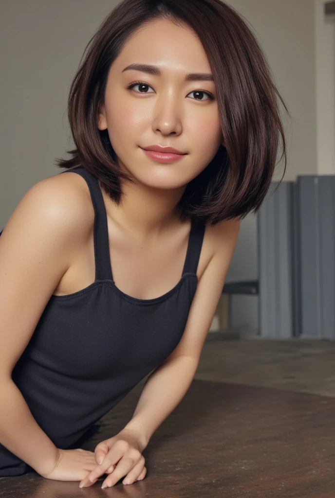 17 years asian girls using black tank top (facing to the camera) short black hair smiling at viewer (small breast)