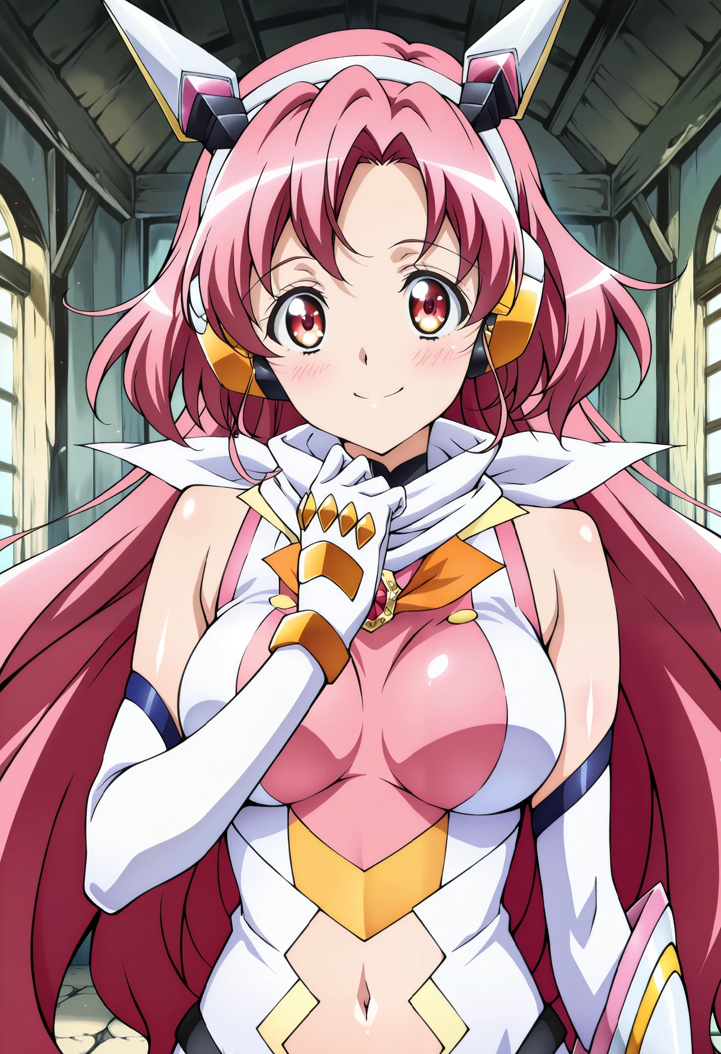 absurd, (absurd_resolution), masterpiece, best quality, (best illustration), (best shadow), ultra-High resolution, score_9, score_8_up, score_7_up, BREAK source_anime, 1girl, solo, perfect body, shiny skin, shiny skin, perfect eyes, detail1eye, well-defined fingers, well-defined fingernails, anime style, indoors, upper body, (portrait:1.5), looking at viewer, facing viewer, smile, blush, curegrace, scarf, headgear, navel, headphones, bodysuit, medium breasts, gauntlets,, hair ornament,