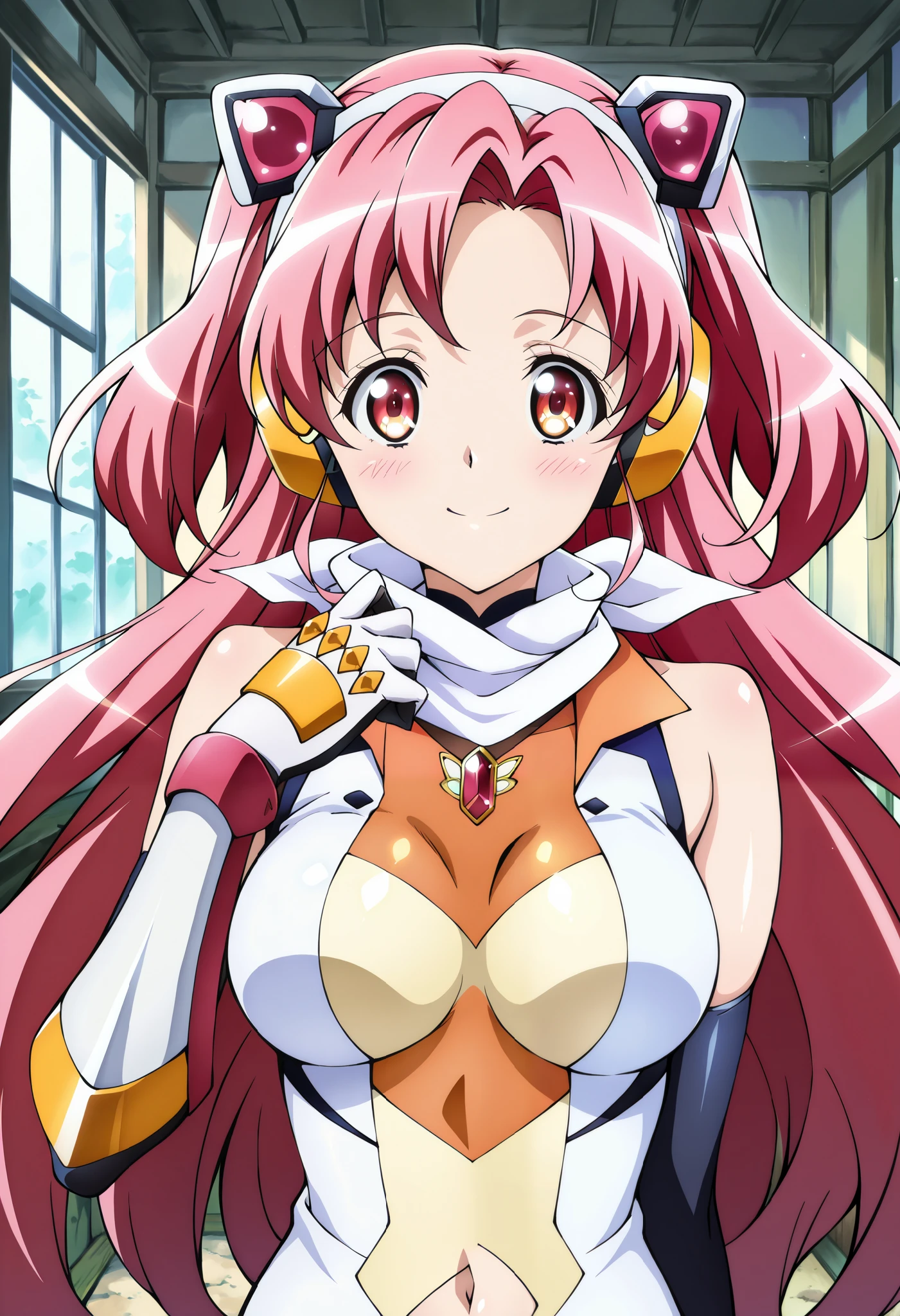 absurd, (absurd_resolution), masterpiece, best quality, (best illustration), (best shadow), ultra-High resolution, score_9, score_8_up, score_7_up, BREAK source_anime, 1girl, solo, perfect body, shiny skin, shiny skin, perfect eyes, detail1eye, well-defined fingers, well-defined fingernails, anime style, indoors, upper body, (portrait:1.5), looking at viewer, facing viewer, smile, blush, curegrace, scarf, headgear, navel, headphones, bodysuit, medium breasts, gauntlets,, hair ornament,