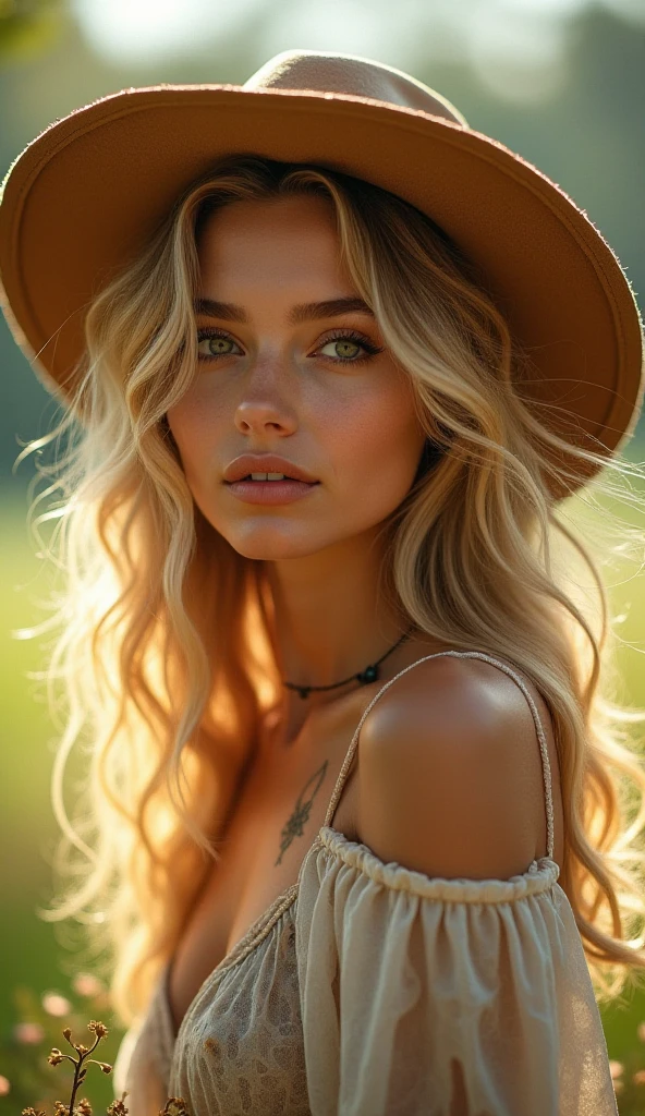 "A stunning close-up portrait of a gorgeous blonde model girl wearing a stylish hat and an elegant dress, featuring her mesmerizing large eyes, bathed in golden sunlight. The image is rendered in breathtaking 8k resolution, showcasing unparalleled attention to detail and captivating artistry, with a majestic tree-filled background."