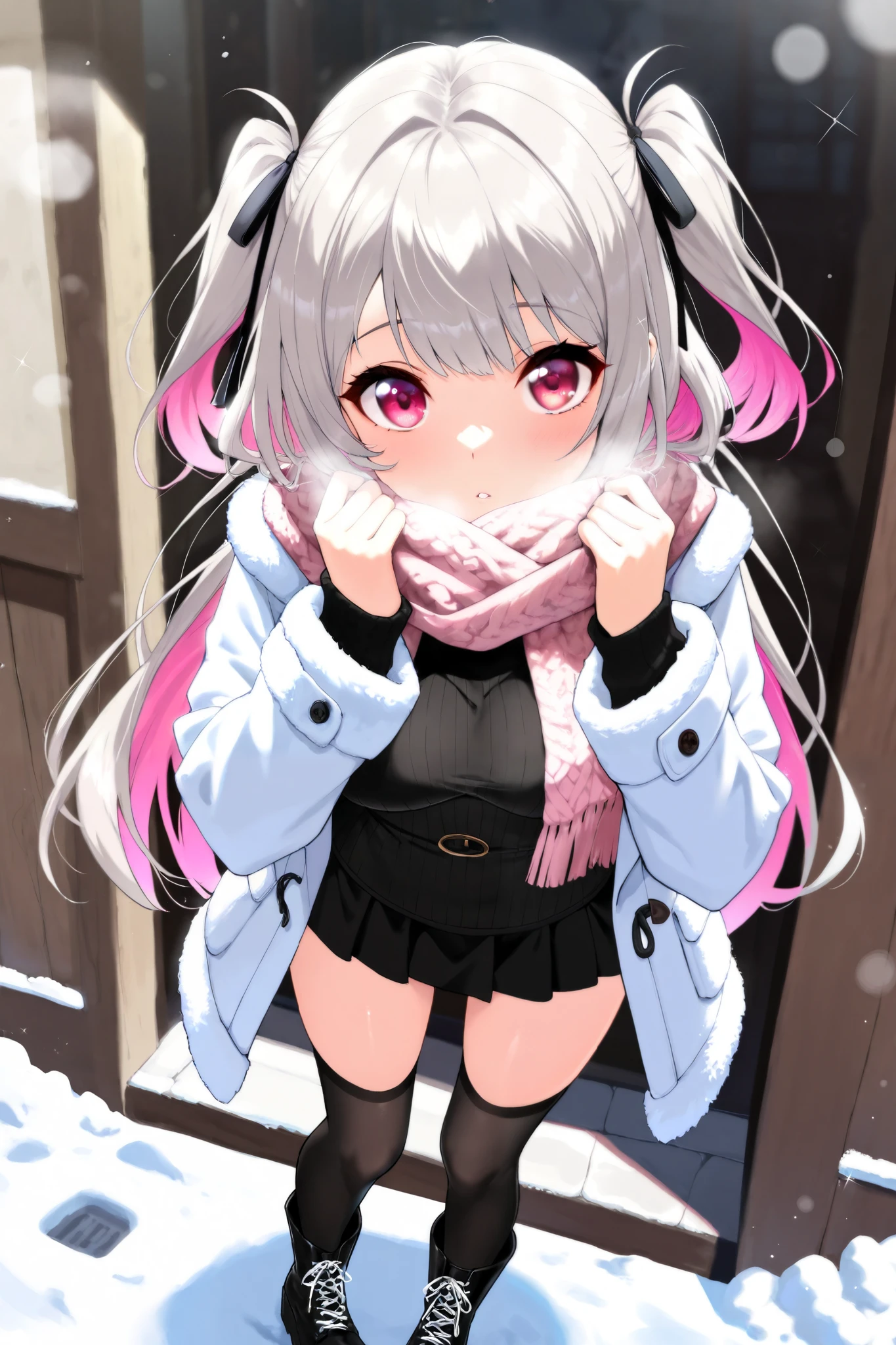 (masterpiece), (high resolution),(8k), (Best quality), ((DIn a town where snow remains on the edge of the road)),(looking cold), (light sparkles), Super detailed backgrounds), (bright skin), (Cute eyes), (Complete anatomy:1.2), (anime), (beautiful girl), {solo}, (Medium breasts),  {(winter coat)}, {(Half of her face is covered with an oversized 
 nordic pattern scarf)}, (Delicate white lace with black trim), mini skirt, (fur high socks,AIU), (platform long boots),(colorful shoelaces),  {{magenta eyes:1.4}}, (detailed eyes), (eyelashes), (shiny hair), (detailed hair accessory),(design hair ribbon), {Grey long hair}, (magenta inner hair:1.1), (two side up hair:1.1), (Pleased), looking at viewer, (uneasy), magenta inner hair,  {Grey long hair}, standing position, Please show me your cute girlfriend from various angles,