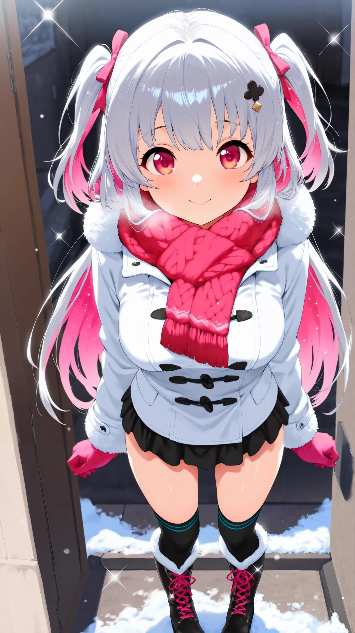 (masterpiece), (high resolution),(8k), (Best quality), ((DIn a town where snow remains on the edge of the road)),(looking cold), (light sparkles), Super detailed backgrounds), (bright skin), (Cute eyes), (Complete anatomy:1.2), (anime), (beautiful girl), {solo}, (Medium breasts),  {(winter coat)}, {(Half of her face is covered with an oversized
 nordic scarf)}, (mitten gloves), mini skirt, (fur high socks,AIU), (platform long boots),(colorful shoelaces),  {{magenta eyes:1.4}}, (detailed eyes), (eyelashes), (shiny hair), (detailed hair accessory),(design hair ribbon), {Grey long hair}, (magenta inner hair:1.1), (two side up hair:1.1), (Pleased), looking at viewer, (uneasy), magenta inner hair,  {Grey long hair}, standing position, Please show me your cute girlfriend from various angles,