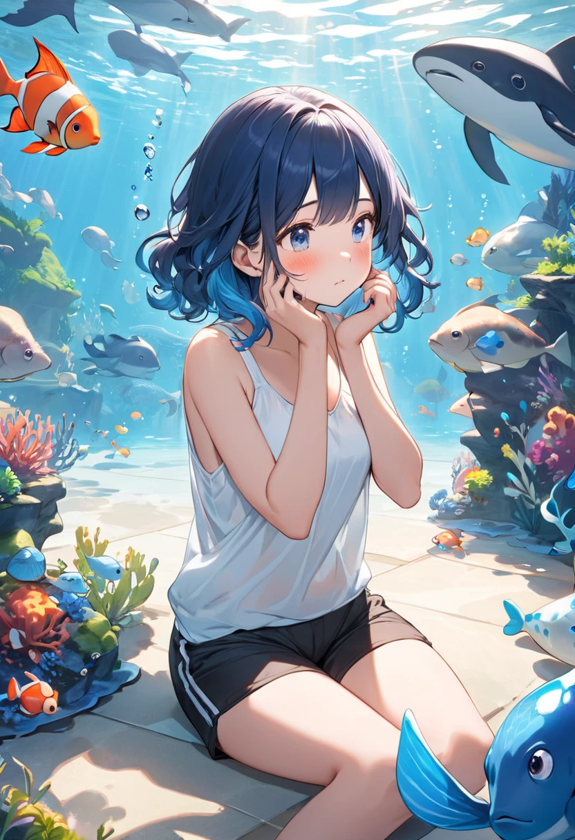 anime girl in a bikini sitting on a rock surrounded by fish, in the sea, conrad roset and makoto shinkai, by Yanagawa Nobusada, in the ocean, lain iwakura, standing under the sea, by Ai-Mitsu, by Kamisaka Sekka, by Shingei, official illustration, anime illustration, in a sea