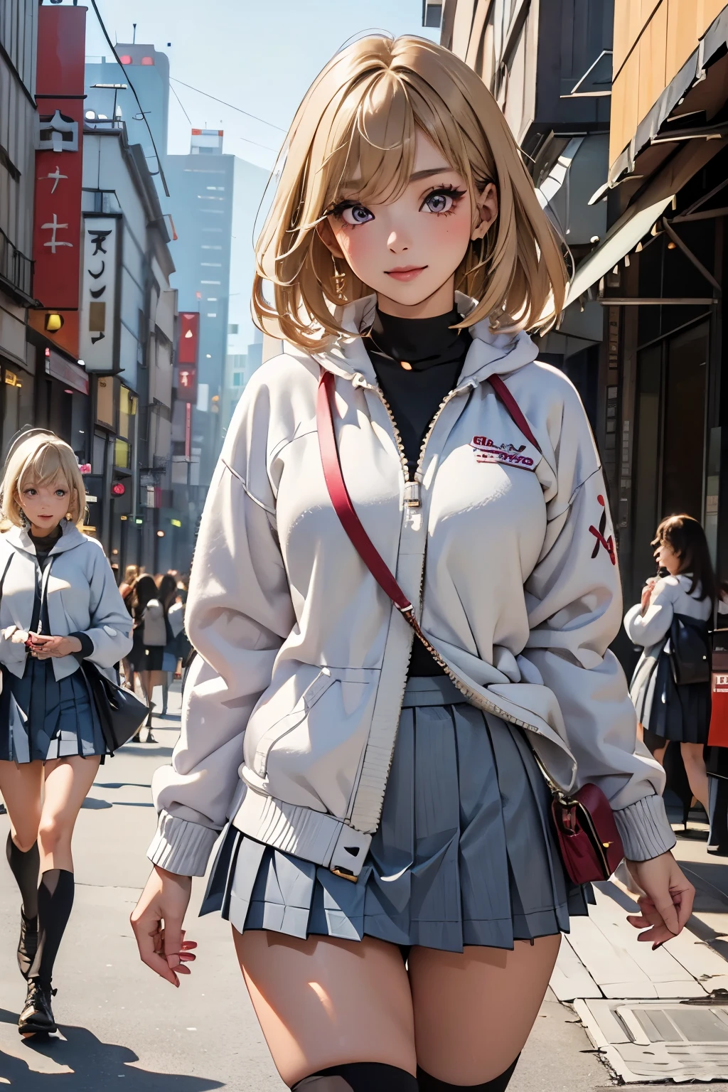masterpiece,best quality, ultra highres,8k,16k,delicate photography, sharp line, sharp focus, (perfect anatomy:1.5), RAW photo, resolution,realistic,ultra detailed,sharp focus,RAW photo,白,蒼,黒,UHD,
BREAK,
Beautiful and cute 20-year-old 3 Japanese women,(three women:1.8), blonde hair, gal makeup, color contacts, long eyelashes, large breasts,
BREAK,
(White open Fleece jacket:1.5),walking in a crowded city, (gray pleated mini skirt:1.3),cute, black (knee-high socks), short boots,
BREAK,
stylish, fashion, city street,They are walking and having a pleasant conversation,