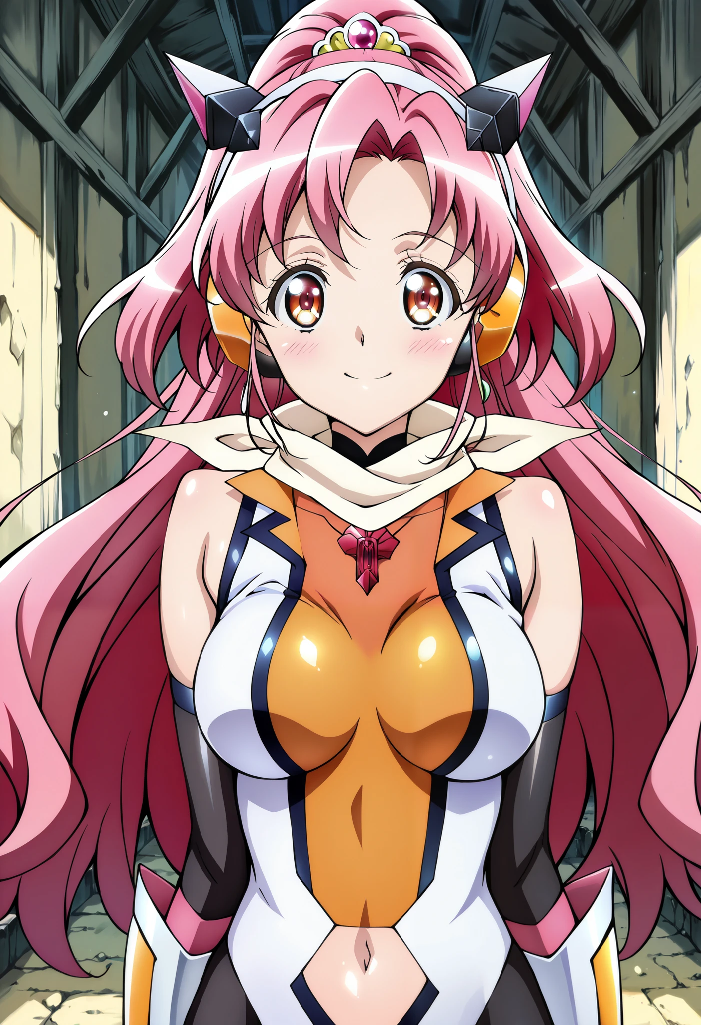 absurd, (absurd_resolution), masterpiece, best quality, (best illustration), (best shadow), ultra-High resolution, score_9, score_8_up, score_7_up, BREAK source_anime, 1girl, solo, perfect body, shiny skin, shiny skin, perfect eyes, detail1eye, well-defined fingers, well-defined fingernails, anime style, indoors, upper body, (portrait:1.5), looking at viewer, facing viewer, smile, blush, curegrace, scarf, headgear, navel, headphones, bodysuit, medium breasts, gauntlets,, hair ornament,