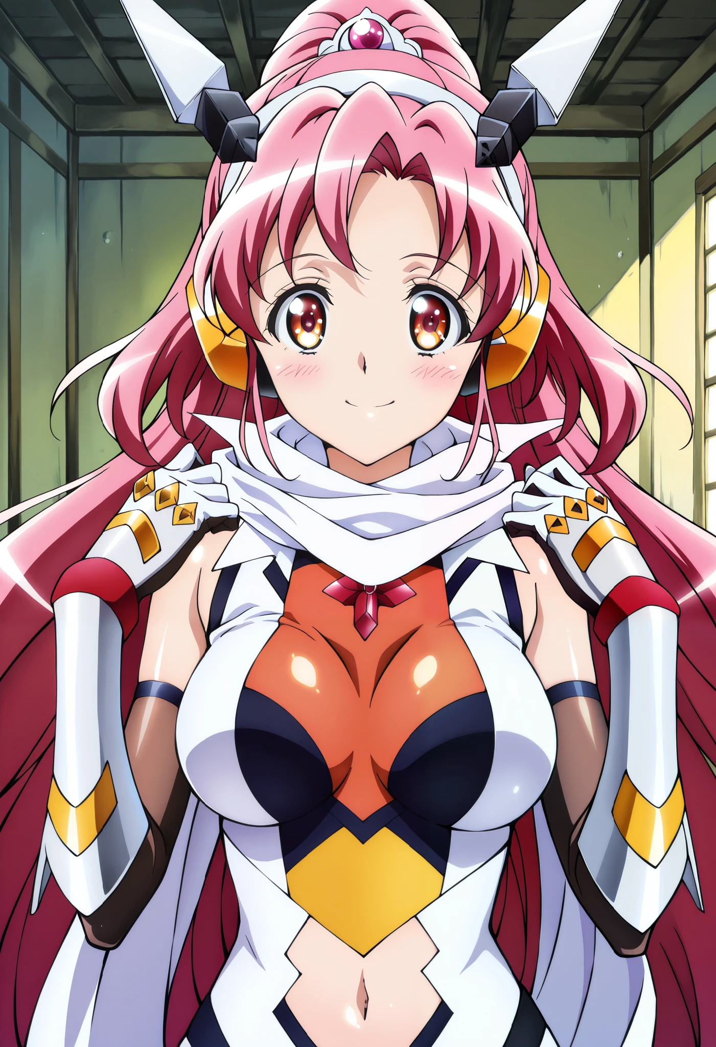 absurd, (absurd_resolution), masterpiece, best quality, (best illustration), (best shadow), ultra-High resolution, score_9, score_8_up, score_7_up, BREAK source_anime, 1girl, solo, perfect body, shiny skin, shiny skin, perfect eyes, detail1eye, well-defined fingers, well-defined fingernails, anime style, indoors, upper body, (portrait:1.5), looking at viewer, facing viewer, smile, blush, curegrace, scarf, headgear, navel, headphones, bodysuit, medium breasts, gauntlets,, hair ornament,