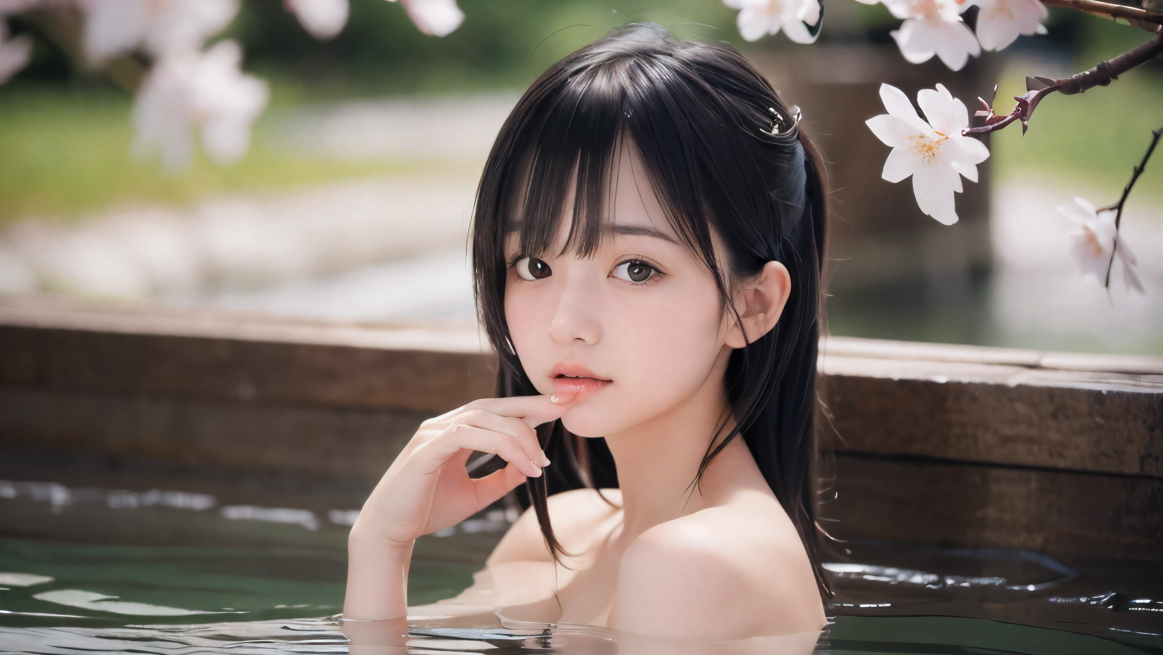 best quality, detailed, beautiful, insanely detailed, absurdres,perfect anatomy, Japanese woman,black hair,27 years old, (slender), (small breasts),hot spring, blissful, front view, bun hair, in the hot spring, full body shot, from below