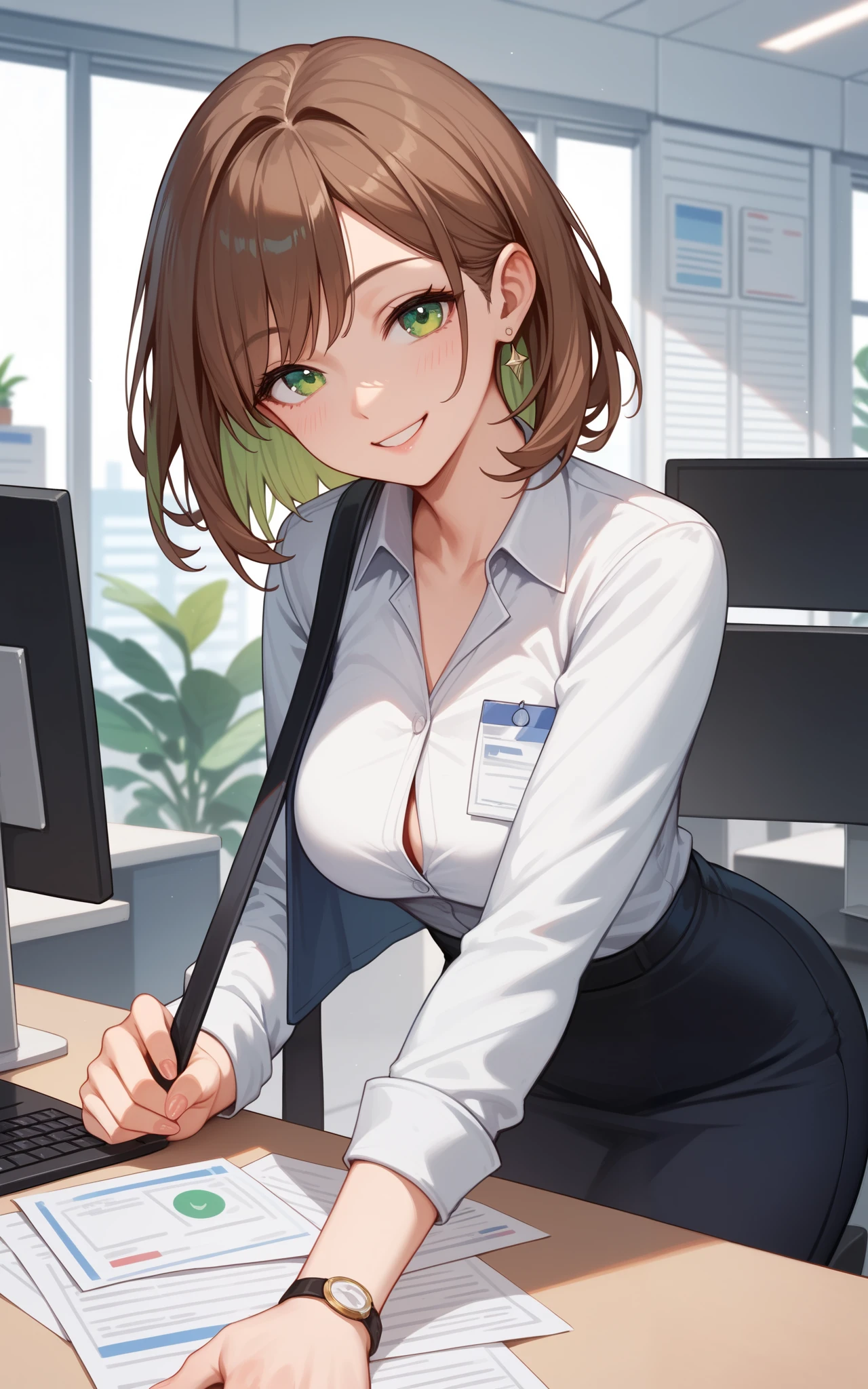 ((masterpiece)),
((best quality)), 
((high quality)), 
((ultra high res)), 
((female)), 
((smile)), ((office worker)), brown  hair, green inner hair, medium hair, Green eye