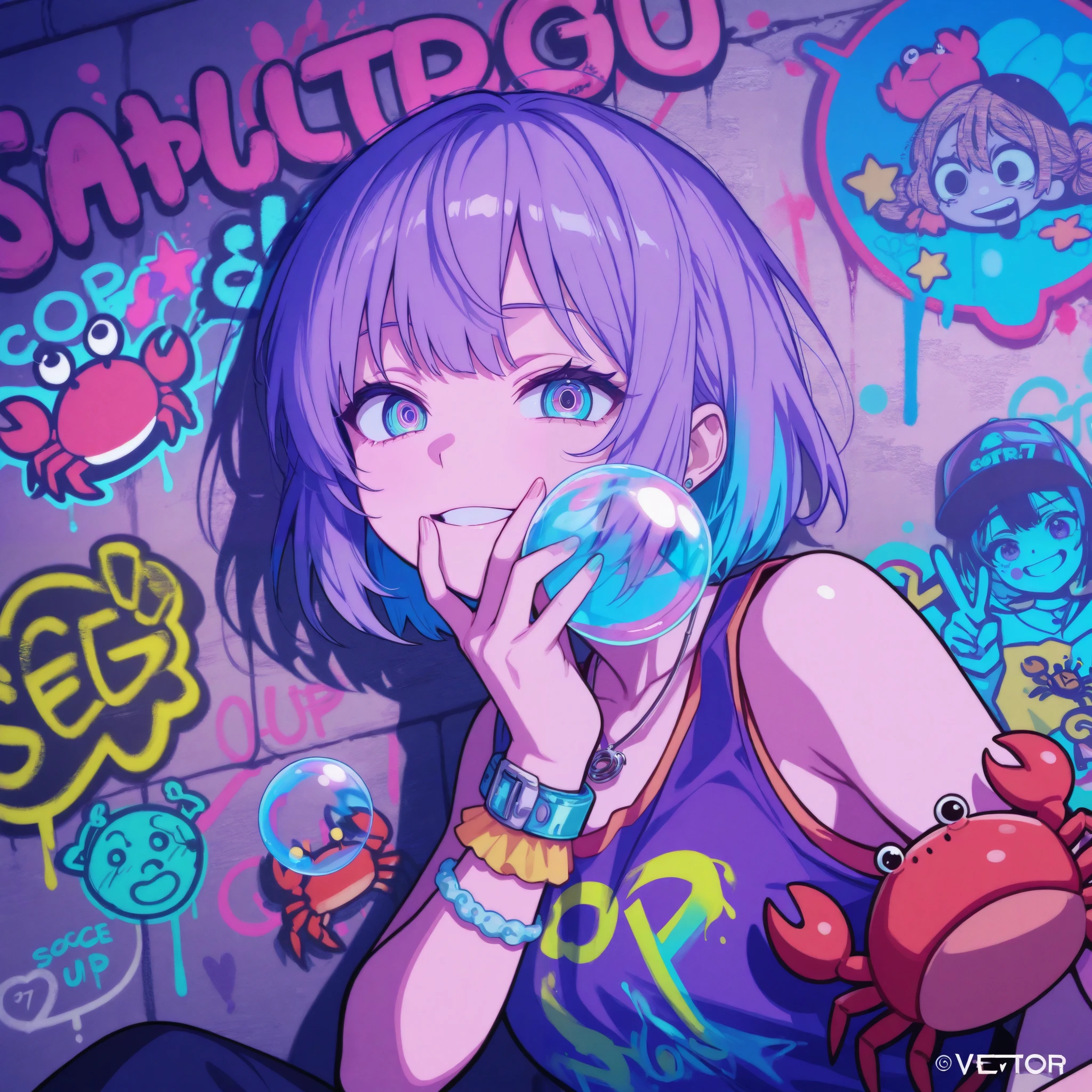 girl with Bubbles, crab, bright colors, Graffiti, Vector Illustration Style, Crazy details, Ultra HD picture quality