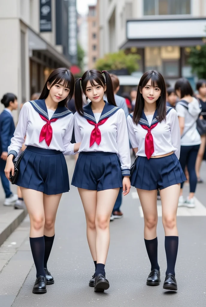 8K、High resolution、Highest quality、High resolution、Age 20 years old、Japanese women、3People Women、3Taking a commemorative photo with people、Natural body shape、White skin、Natural Makeup、((Black Hair、bangs、Straight Long Hair))、(((Japanese Sailor Suit)))、((school uniform 、white short sleeve sailor uniform))、((Navy blue pleated skirt))、(Big Breasts:1.3)、((The upper body is wearing a uniform))、(((((Looking into the camera)))))、(((From head to shin3Portrait of a person)))、(((Exposing your thighs)))、In the classroom、Sit on a chair、((Focus on the crotch))、White socks、(((Small size pure white panties)))