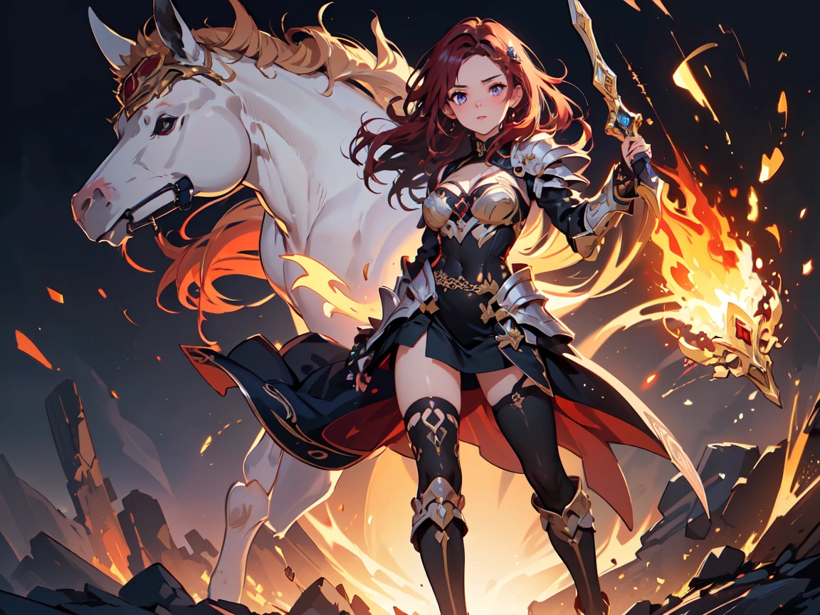 (((masterpiece, best quality, high detailed, 16k))) (1girl) A breathtakingly seductive young woman with long flowing crimson hair and mesmerizing violet eyes. She wears a revealing, intricately designed golden armor adorned with red gemstones. Her posture exudes allure and power as she holds a flaming whip. ((full body front view)), (extremely detailed:1.5)
