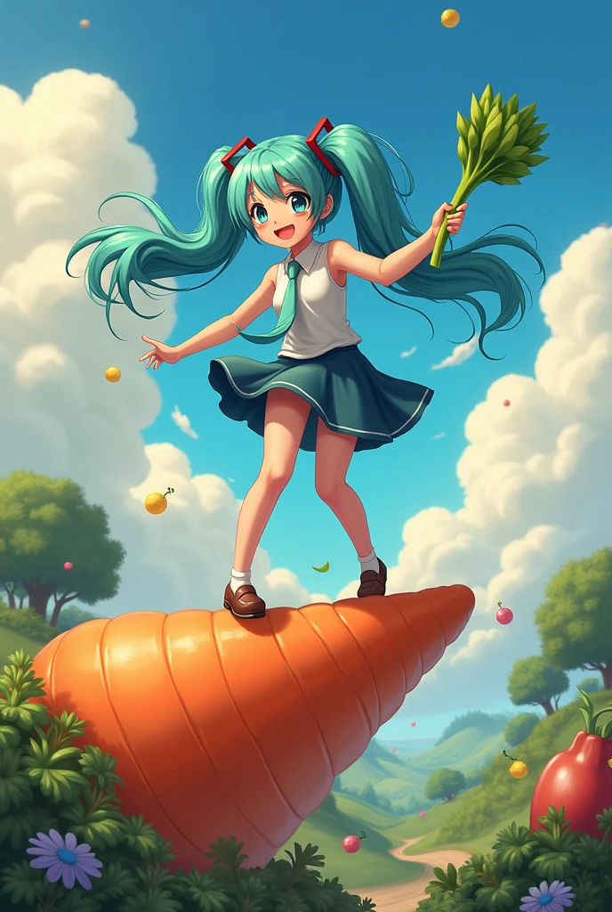 Hatsune miku dancing on a top of a carrot holding a leek