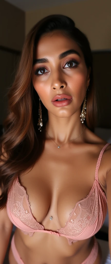 ((masterpiece)), (best quality), perfect anatomy, highres, detailed, (8k), photorealistic,best quality, ultra highres, ((detailed face)), realistic, 1girl, madisonbeer-smf, scenary, singing, people, studio light, princess dress, hot pink dress, majestic flowing brown hair, beautiful hot pink lips, hot pink lipstick, very large golden hoop earrings, very large bra, beautiful brown eyes