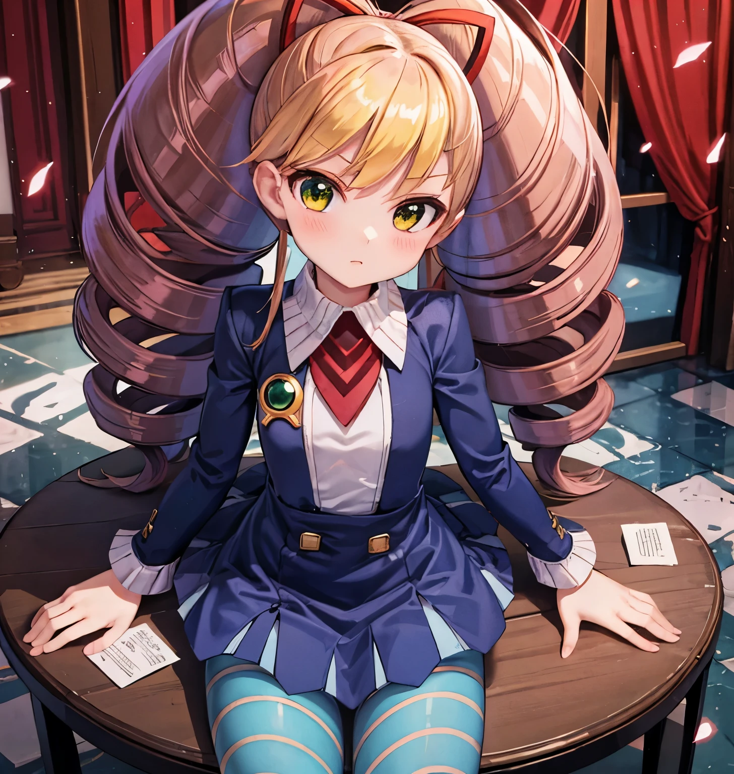 twintails,twin drills,dress,blue pantyhose,striped pantyhose,yellow hair,口を開ける