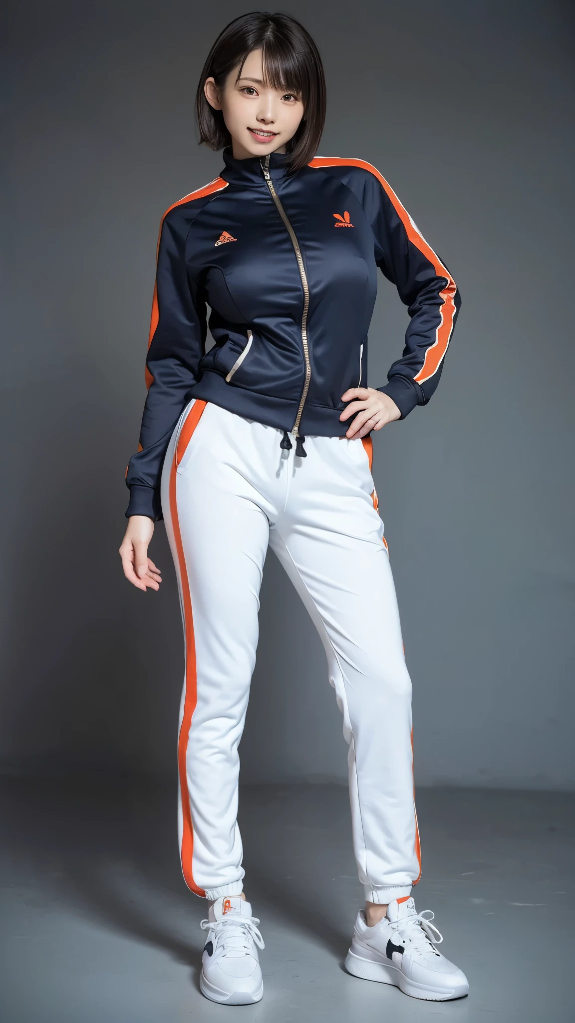 Arafed woman in a blue jacket and white pants posing for a picture ...