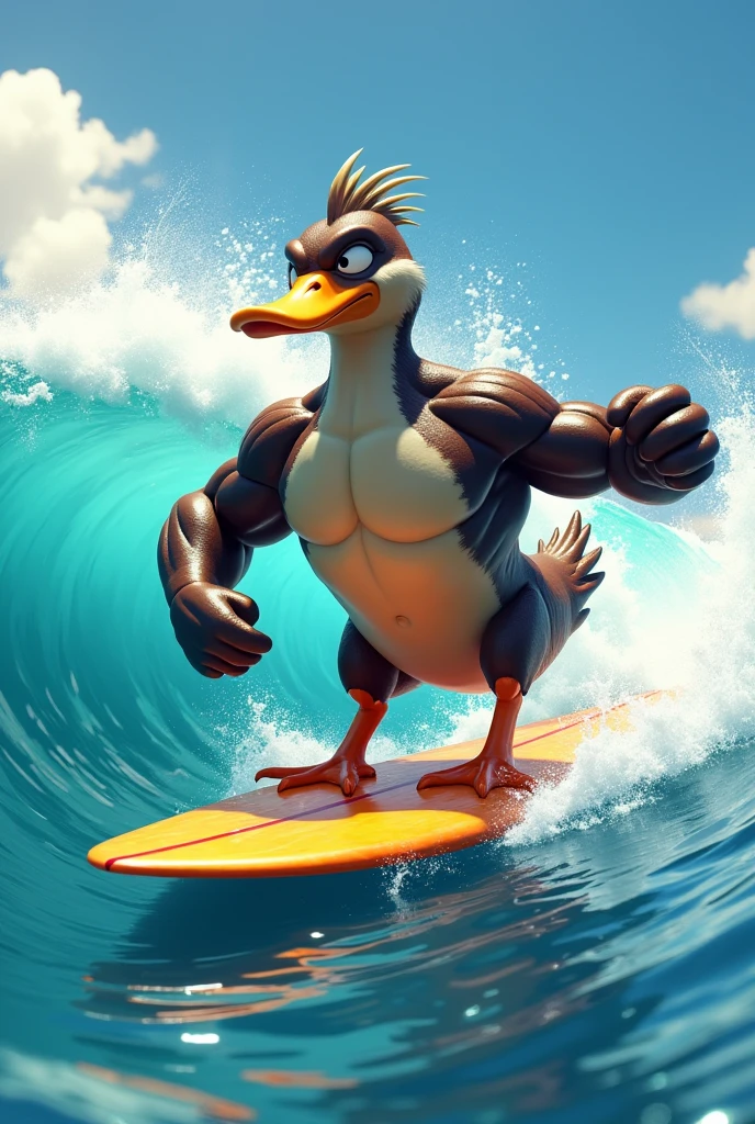 The character in Roblox is a turkey, brown body, big head, flesh colored head, yellow duck, no fingers or paws.
