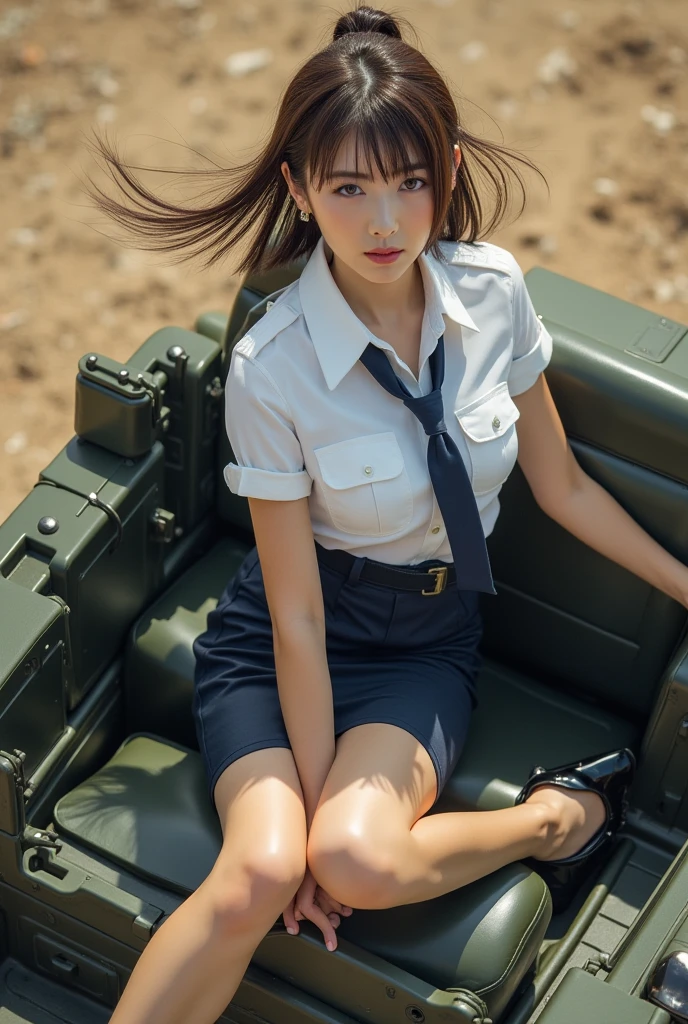 Photorealism、HD resolution,Realistic skin texture、18-year-old Korean female soldier in the US military,full-body shot,Beautiful and delicate face,A gentle smile facing the camera,Wearing sexy military uniform,Automatic Rifle,Military helicopter in the background