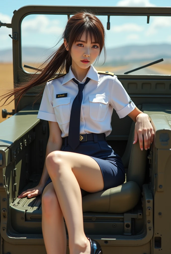 pieces fly、(RAW photo:1.2)、(realistic:1.4)、ultimate beautiful girl、beautiful face、beautiful detailed girl、very detailedな目と顔、beautiful and fine eyes、big breasts、that'ridiculous、Lookridiculous、信じられないほどthat'ridiculous、huge file size、Super detailed、High resolution、very detailed、highest quality、masterpiece、(outdoor)、(middle East)、(scorching desert)、((dunes))、((Military Tent))、((Communication equipment))、((military equipment))、((Humvee))、((OL lady uniform))、((beige camouflage military uniform))、((American flag patch on sleeve))、((Desert camouflage))、、((long straight hair))、An illustration、ticker、unity、8k wallpaper、wonderful、small details、masterpiece、highest quality、very detailedな、ticker、uniform、8k wallpaper、face light、movie lighting、18-year-old、1 girl、(No panties)、((dynamic pose))、(camel toe)、(half)、(Black high-leg panties)、((barefoot))、(Sitting in the driver's seat'four wheel drive car seat)