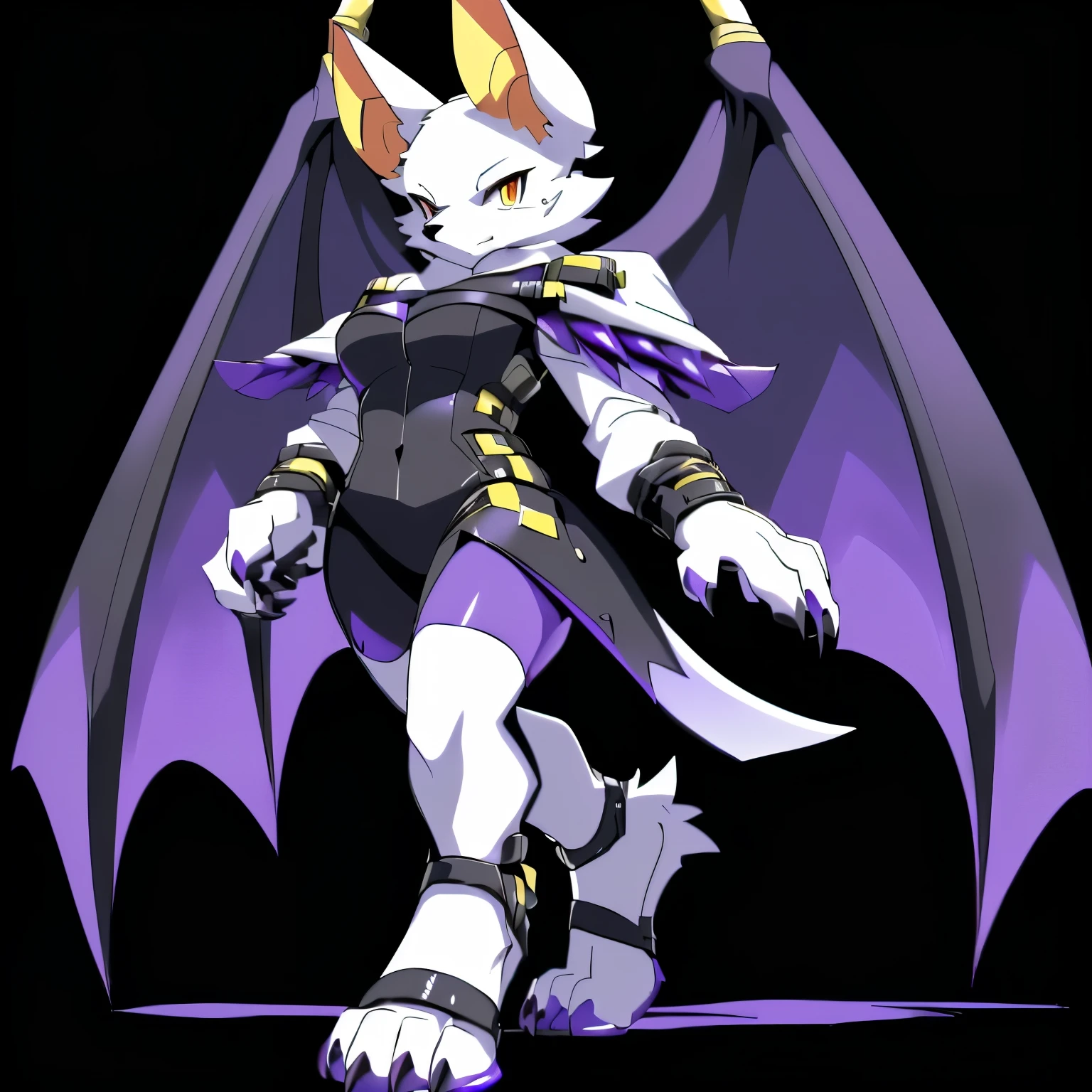 Anime, anime style, ((single person:2)), ((solo drawing:2)), ((solo:2)), ((three-quarter view)), ((Looking to the side)), ((sfw version)), ((female Anthro bat)), ((Tall figure)), ((buxom figure)), ((short white fur)), clawed hands, ((clawed paws)), ((Single Pair of Wings)), ((Huge Bat Wings)), ((Purple and black Bat Wings:1.3)), ((white bat ears)), ((wearing an intimidating outfit that is black and purple)), ((white face)), ((neutral expression)), vivid golden eyes, ((digitigrade legs)), ((digitigrade feet)), ((walking)), solid black background, highly detailed anime style, clean lines, white face, short white muzzle, white furry cheeks, white furry muzzle, ((white foot paws)), ((foot paws with four toes)), ((Claws on paws))