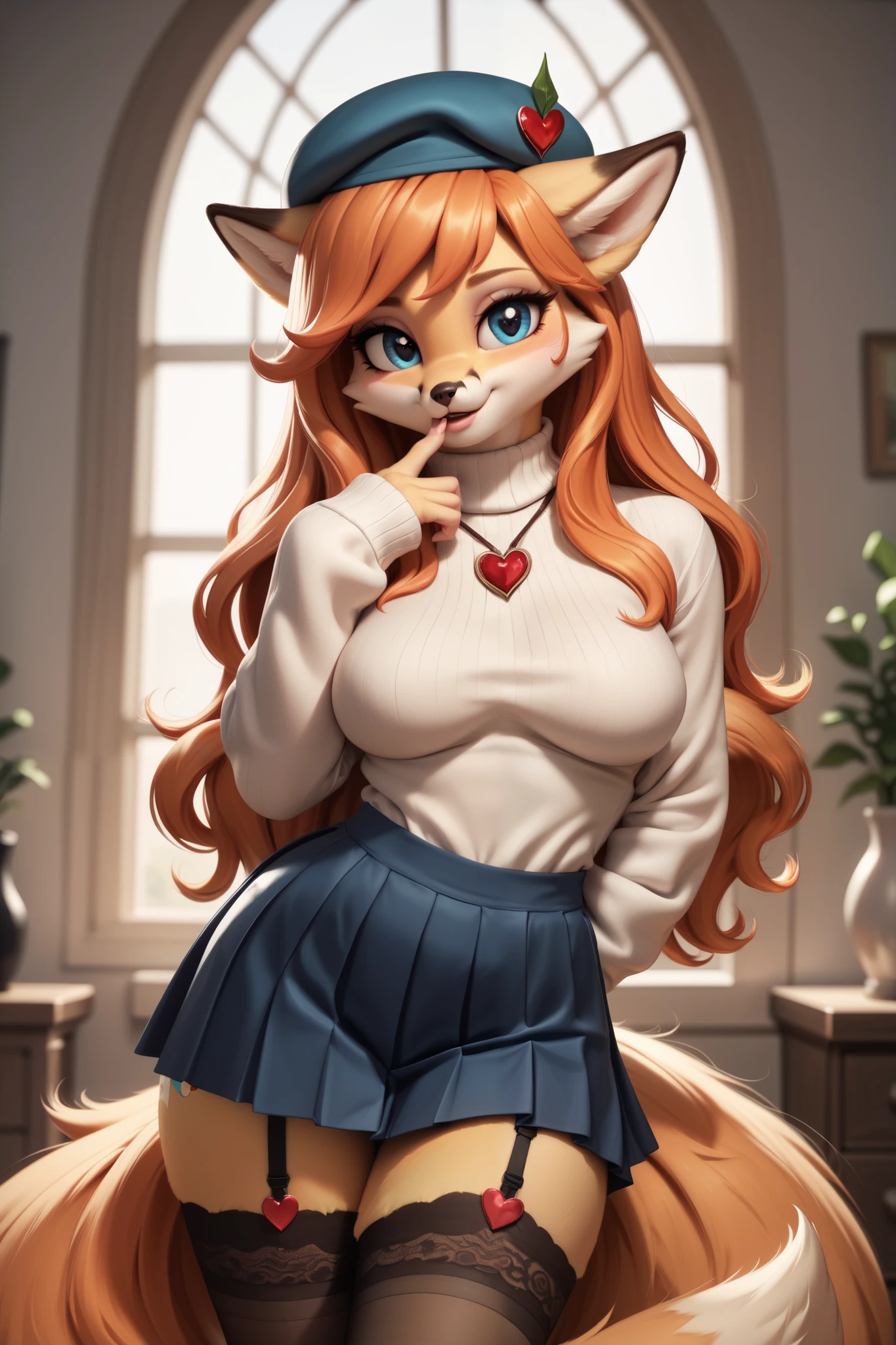 My Little Pony, pony, (fox body), (fox orange hair), (fox tail), cute face, dark eyeshadow, long eyelashes, big butt, medium breasts, voluptuous body, disheveled long hair, flirtatious, cute, front view, pleated short skirt, stockings, voluptuous long sweater, beret of artist, blue eyes, high detailed, home, garters, 4K, ultra detailed, black underwear, detailed eyes, detailed face, heart pendant, finger on lips