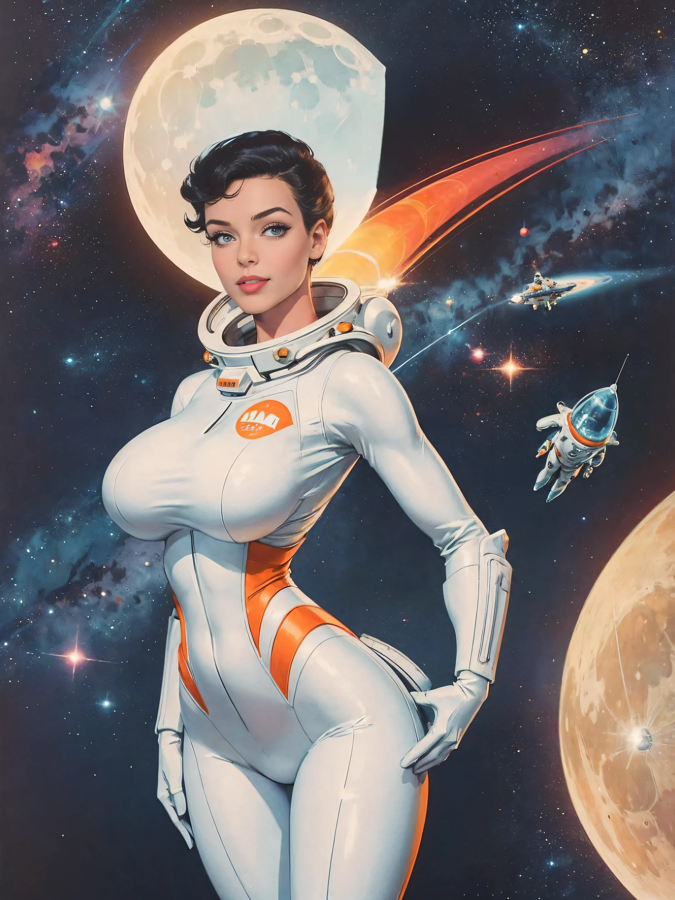 (masterpiece, top quality, best quality, official art, beautiful and aesthetic:1.2), (1girl:1.3), light freckles, fair skin, extremely detailed, portrait, looking at viewer, solo, (full body:0.6), detailed background, close up, (bright space pinup theme:1.1), busty 1950's pinup brunette space girl, charlatan, smiling, happy, mysterious, spacewalk, modest attire, white and orange space suit, spacesuit, helmet, bodysuit, ray gun, long boots, pouches, jetpack, glass helmet, rocket ship, ((((on the moon, space helmet, narrow hips, slim sexy body, gigantic breasts)))), slim waist, slim hips, long legs, futuristic (American flag, lunar surface, on the moon, moon exterior:1.1) background, dark mysterious lighting, shadows, magical atmosphere, dutch angle,