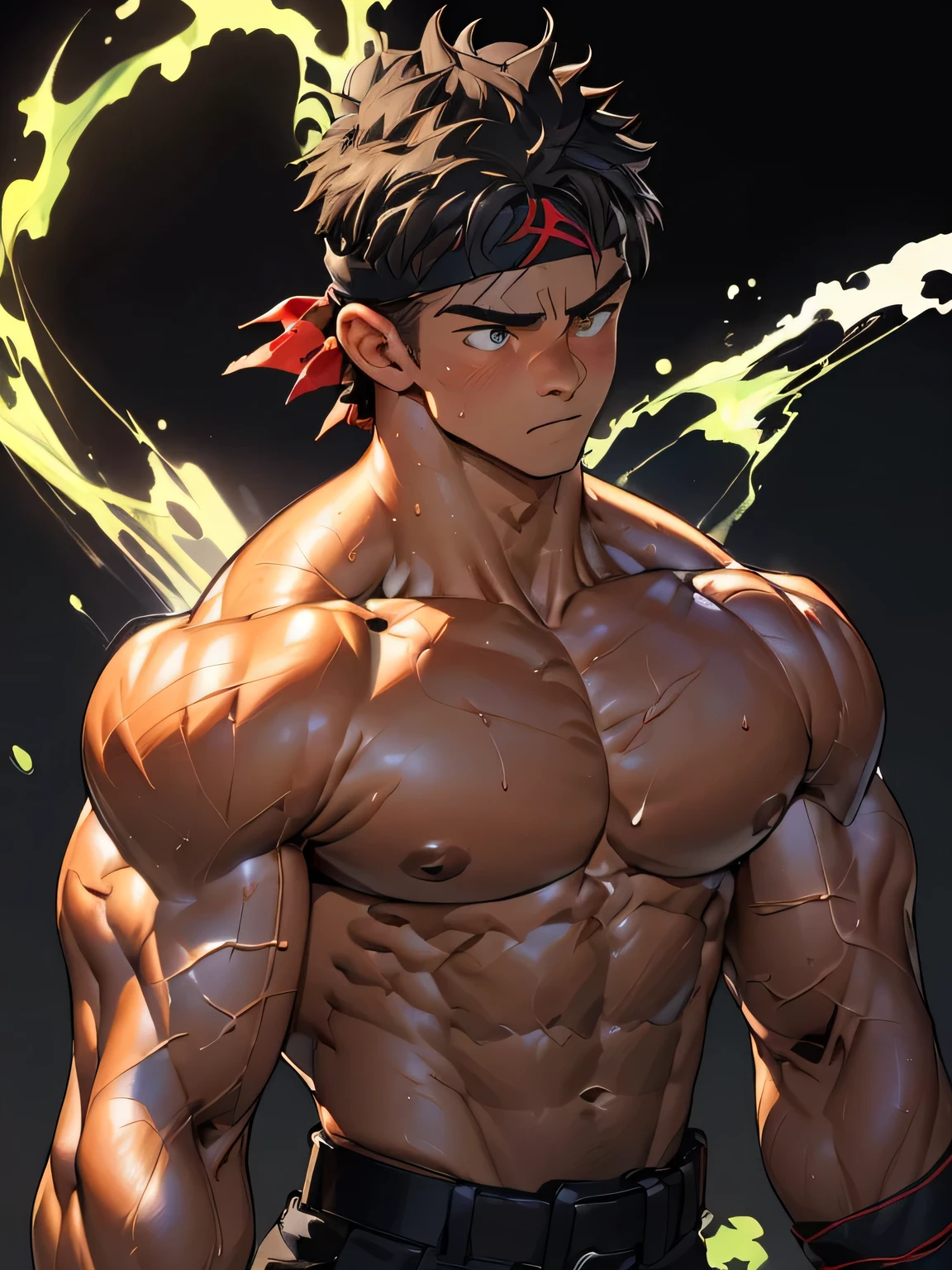 ((masterpiece, best quality, stalwart, rippling muscles, detailed face, detailed muscle, (Depth of field:1.2))), (((((black background, deep night, upper body, side shot, dynamic angle, ambient light, looking up, sweat))))), (worm green eyes, Young boy, muscler, Shirtless, topless, floating energy), ((((1boy, flesh, tough, reliable, developed body)))), (Dark Short straight hair, green eyes, ((almost completely shaved hair)), under cut, no areola, little Nipples), (((red headband, black trouser, belt, boots, monk style))), Vivid colors, ((big breast, big abs, big shoulder, muscular body, sturdy body, defined round and fleshy pecs, defined round and fleshy ABS, defined round and fleshy armsmuscular, well-defined muscles, shouldermuscler)), muscler!, muscler body, (((Flowing energy aura, wearing emphasize the power of his aura. Highlight his aura, aura effect, wearing energy vapor, random pose, relax:1.2)))