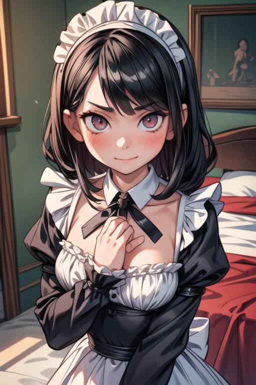 masterpiece、Highest quality、Very detailed))、One person、Black Hair、Black Hair、twintails、blunt bangs、Grey Eyes、evil smile、((Small breasts))、Brim、((gothic ta))、Short sleeve、corset、((doll joints))、Multiple arms、Cowboy Shot、Sit on the bed、((Dimly lit room))、Bedroom Background