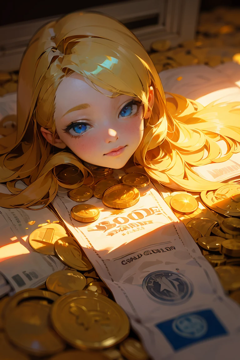 Art Photo, a photograph of a crying young woman plastered with dollar gold coins, overhead shot, dazzling sunlight, intricate, flashy, translucent, medium scene, grotesque art style, extremely creative, simple and mysterious, high quality, 8k