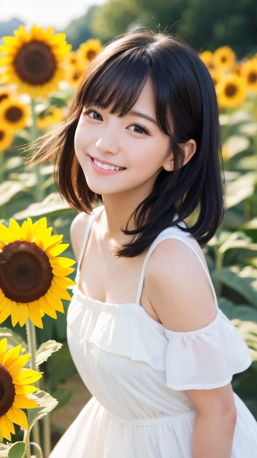realistic style ,HD 8K , ,Cute Kindergarten , Black hair , white dress , White Socks , Natural Motion , large sunflower background, Smile Facing the Lens