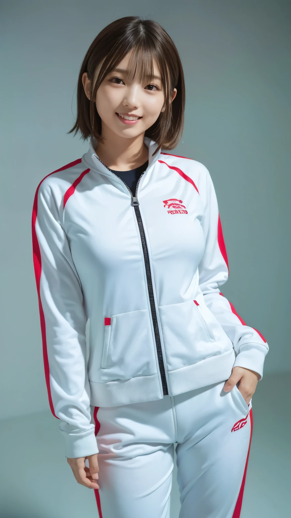 best quality ,masterpiece,Ultra high resolution, high definition RAW color photo , professional photography, natural skin texture , fine skin, Hyperrealism, smiles,gigantic breasts, dark blond hair ,white track suit, tight fit ,(minimal background ),slim body, Shrimp