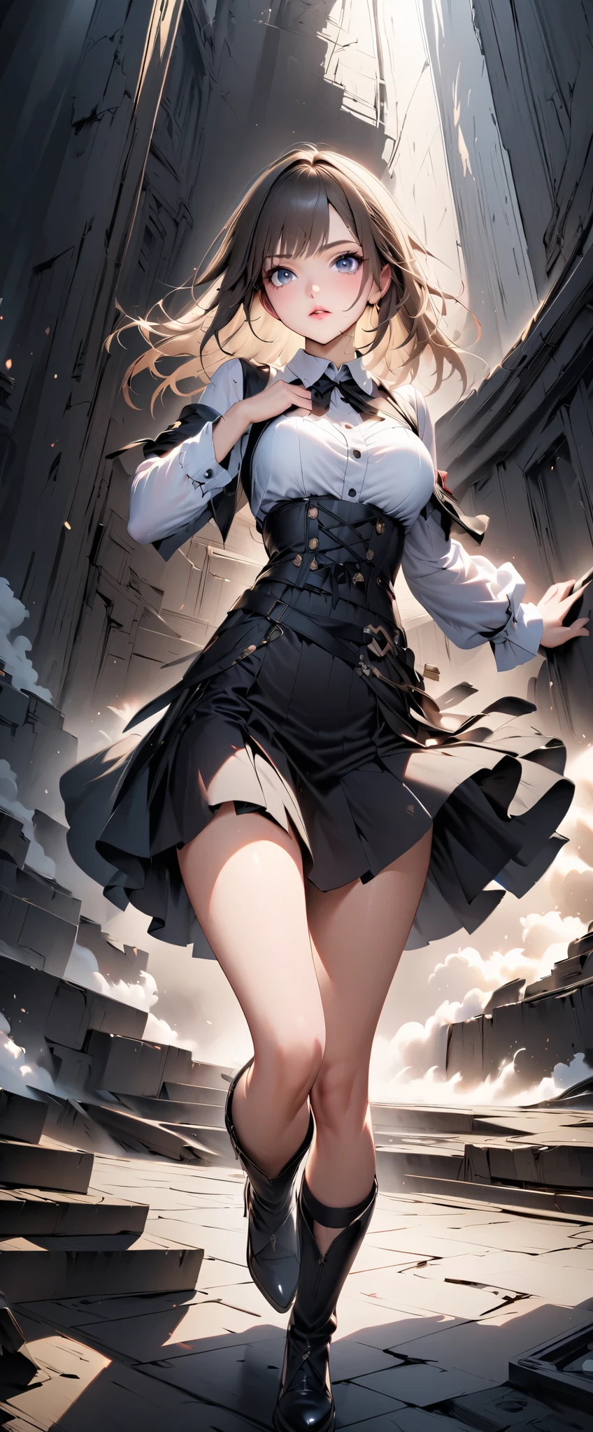 giantess art, highly detailed giantess shots, giantess, Two legs, Five fingers, short hair, A beautiful girl who is bigger than a skyscraper, Wearing rimless glasses, smile, Big Breasts, In underwear, Black Pantyhose, black pantyhose, no shoes on, toes visible through pantyhose, Steam coming out from the soles of my feet, Destroying cities, A very small big city, Miniature metropolis, Full body description, GTS, giga giantess, stomping city, crash city, tiny city, micro city, pantyhose feet, High resolution, highest quality, masterpiece, Maid, maid, transparent bodystocking,