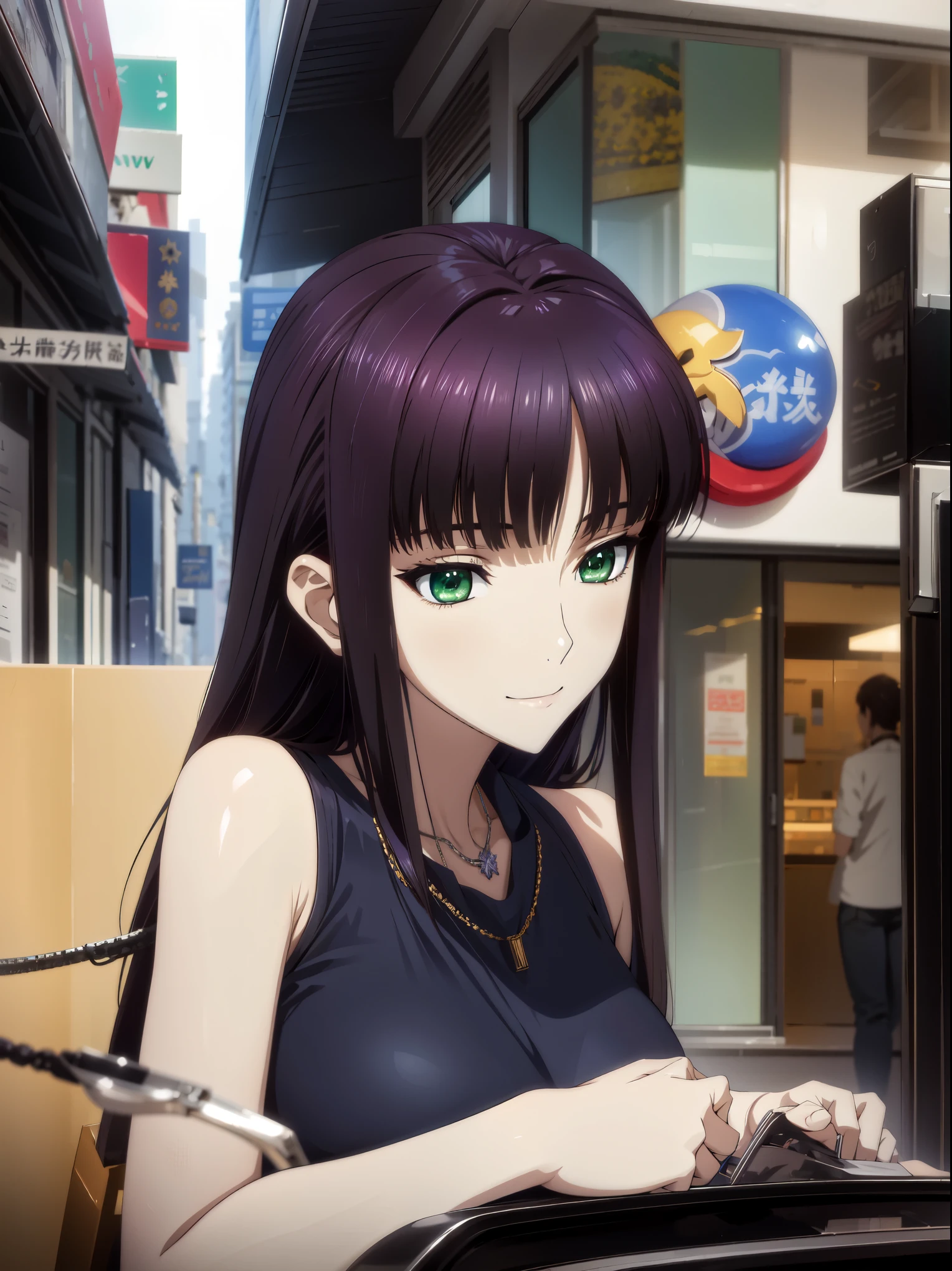 Connecting UHD and 8K , high resolution, tall Highly detailed CG , High Quality shadows, Details Beautiful Delicate Face , beautiful delicate eyes ,break( Ultra-Fine8K壁紙),( tall Highly detailed CG 8k壁紙),Makima ( Chainsaw Man), Sukasach ( destiny / Grand Order Essential ),Reika Shimodaira , oconnor , Very Delicate and Beautiful CG Illustration ,最 High Quality , Real Feel ,Realistic Fabric, realistic texture , beautiful thighs, big breasted 、 slim waist,(((Masterpiece))), (((最 High Quality ))),8k,32K,Masterpiece, Beautiful Attractive Anime Woman , Ultra-Fine, tall Highly detailed , high resolution, Ultra Realistic High School Girl ,Masseter region, 最 High Quality , High Quality , high definition , High Quality のテクスチャ, High Quality シャドウ, high details, in detail,1 personの少女, 横から見たUltra Realistic High School Girl {x},Alone,I,1 person,Alone,1 person, is tall,AS-Adult, adult ,Leg length, beautiful long legs ,8 heads, Statue :171cm, mature girl ,赤 purple hair,赤 purple hair, purple hair, Blackcurrant Hair , Silky Smooth Hair , colorful hair, with 4 Strands Called Straight Hair,smile, smiles happily , Vivid Expression ,かわいいsmile,Cool Beauty, Beautiful woman with sweaty face , pretty face, Beautiful realism, can be hung on a cross , Bewitching looks ,Quiet look, beautiful hair,She wears a necklace around her neck, necklace, ビーズ necklace ,Magatama Accessories,smile, colorful eyes, green eyes,Jade green eyes, beautiful eyes, bright eyes,Delicat eyes, Jewel Eyes ,Jade Eyes,Droopy eyes,( green eyes:1.5), enchanting face ,, sleeveless, turtleneck , sweater ,JINS,Blue denim pants,Ladies' bag , Behind the shoulder , daytime, standing with beautiful eyes , walking ,holiday,takeoutside,Bustling city, low fashion, blue sky,Building Street,Model Photo,,outside,takeoutside, viewers ,Model Photo, private,holiday