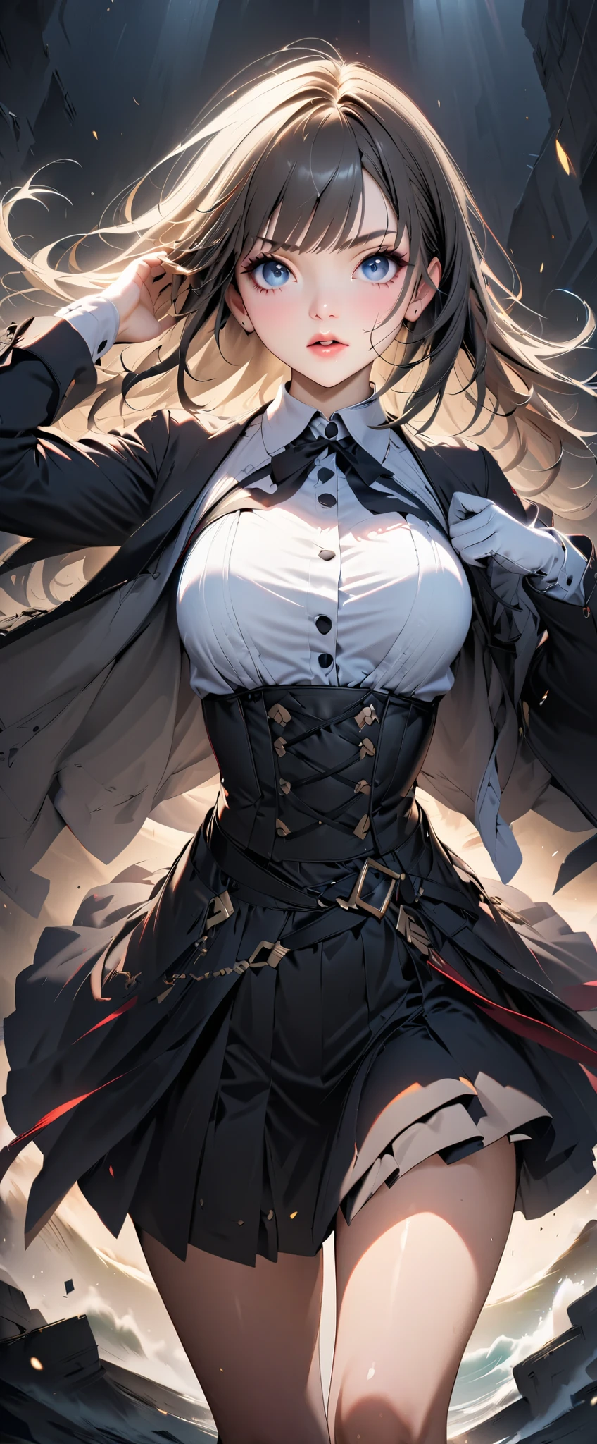 (((Masterpiece)))、(( best quality ))、( tall Highly detailed )、(CG illustration)、( so beautiful ))、 cinematic lights 、(((one mechanical girl)))、 SF、Apocalypse、Erotic and grotesque、graduate School(Beautiful and luxurious:1.2)、( 1 girl:1.3)、 facing the front , ( double breasted, underbust:1.2), Button Gap,((( CORSET BELTS ))),((( High Waist Skirt,))) see-through(( Moving Poses ))