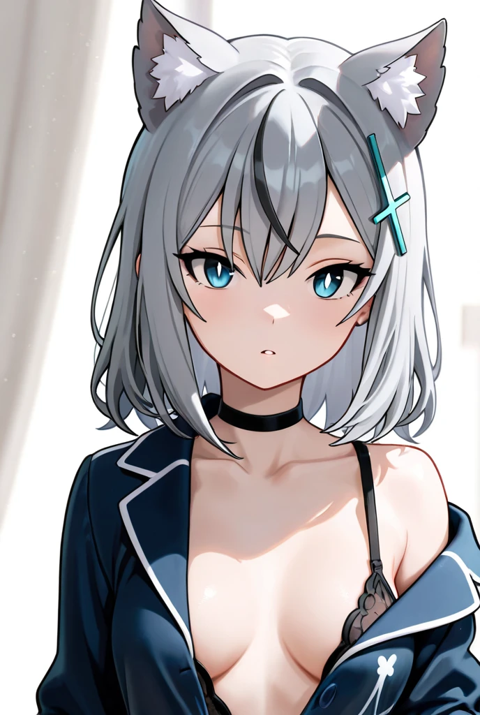 1 girl, alone, tobiichi origami, short hair, blue eyes, hair ornament, ribbon, white hair, white playboy bunny outfit, cleavage, black headband, black bunny ears, black pantyhose, black heels, room, bedroom, standing, hand on waist, looking at viewer, head on, focus on breasts, point of view (from above), large breasts, medium waist, wide hips, medium thighs, round butt, 1 girl, solo (photo of jeans: 1.5), (masterpiece: 1.2), best quality, high resolution, Unity 8k wallpaper, (artwork: 0.8), (beautiful detailed eyes: 1.6), extremely detailed face, perfect lighting, extremely CG detailed (perfect hands, perfect ???????),