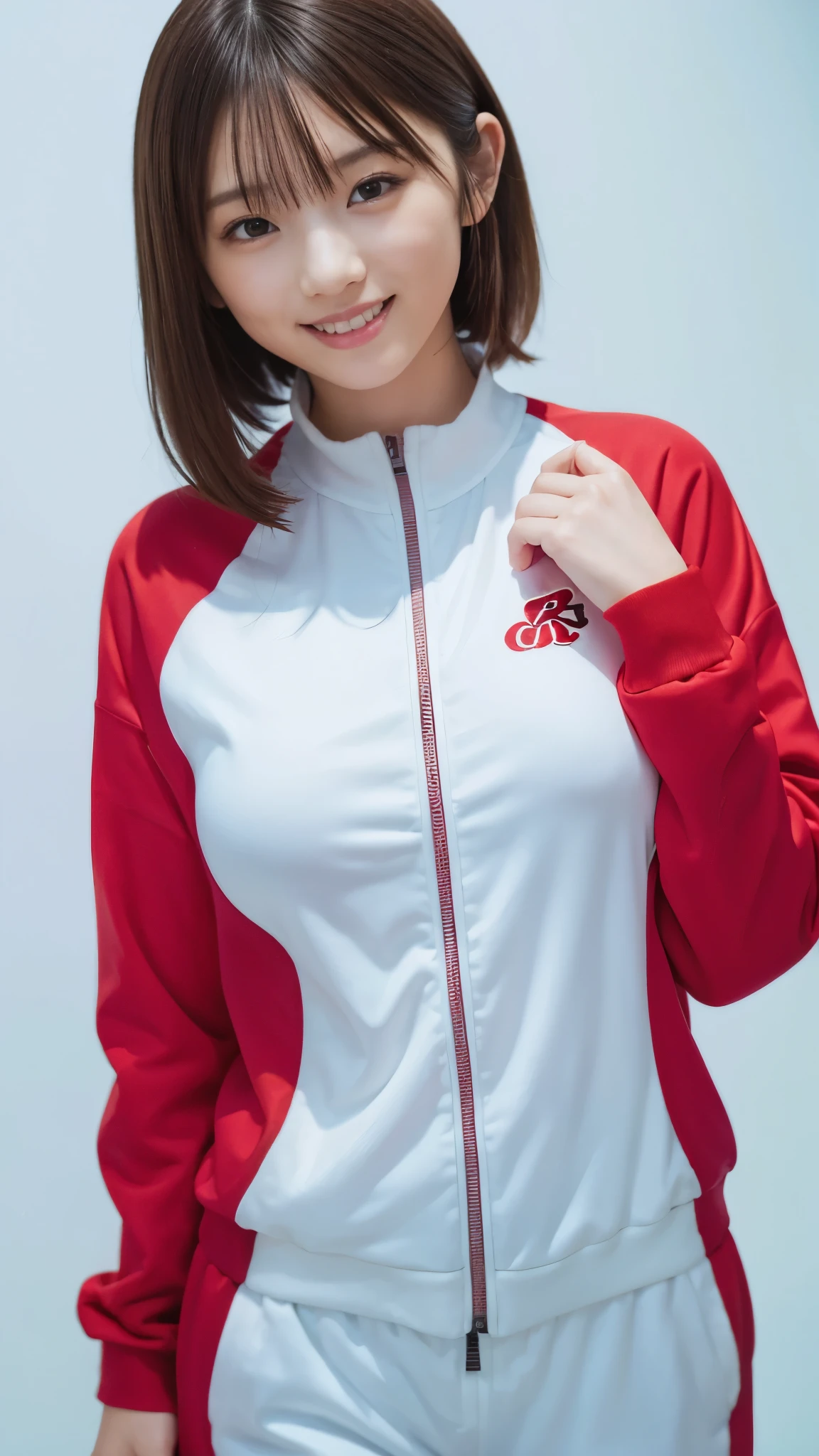 best quality ,masterpiece,Ultra high resolution, high definition RAW color photo , professional photography, natural skin texture , fine skin, Hyperrealism, smiles,big breasts, dark blond hair ,white track suit, tight fit ,(minimal background ),slim body, Shrimp