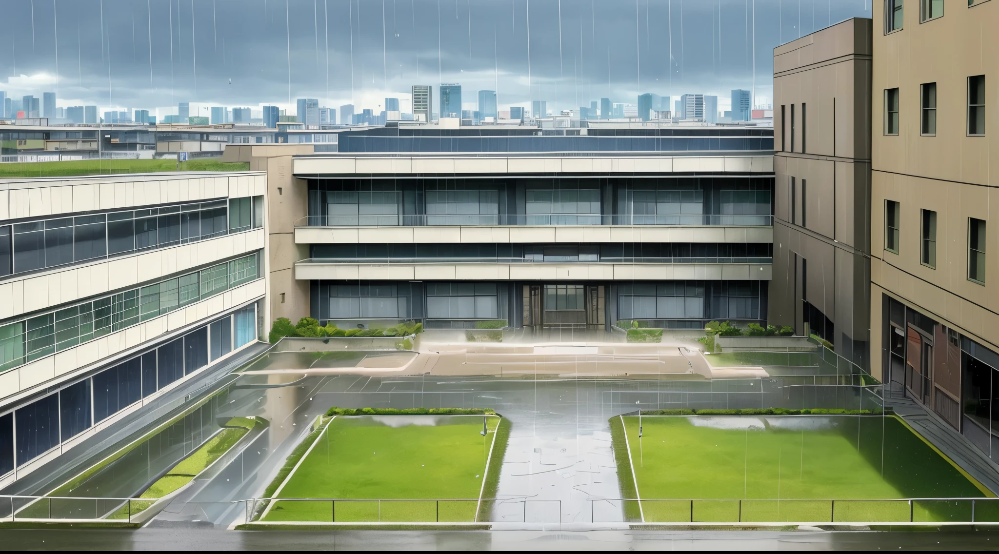 (Rainy sky) (Raindrops Falling) (Afternoon) (Grey Sky)
(80’s Anime) (Classic) (Vintage) (Retro)

1980’s Tokyo High School is a huge broad campus of several buildings build in a contemperary architecture.

(View from the Stairwell)