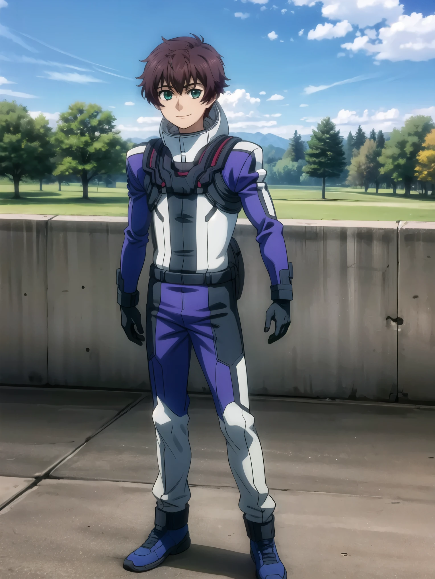 fromm vantarhei\(buddy complex\),1boy, solo,brown hair, green eyes,wears pilot suit,standing,outdoors,daytime,blue sky,happy expression,full body shot,