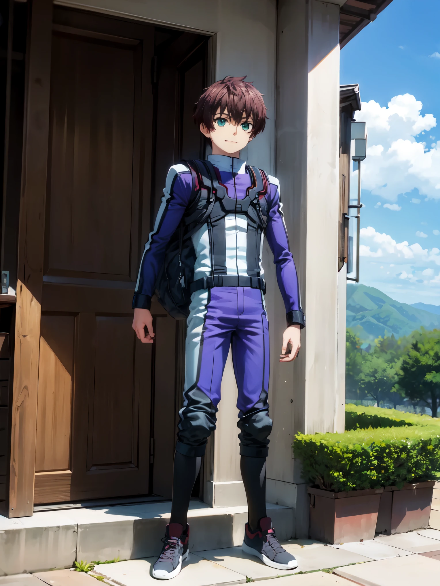 fromm vantarhei\(buddy complex\),1boy, solo,brown hair, green eyes,wears pilot suit,standing,outdoors,daytime,blue sky,happy expression,full body shot,