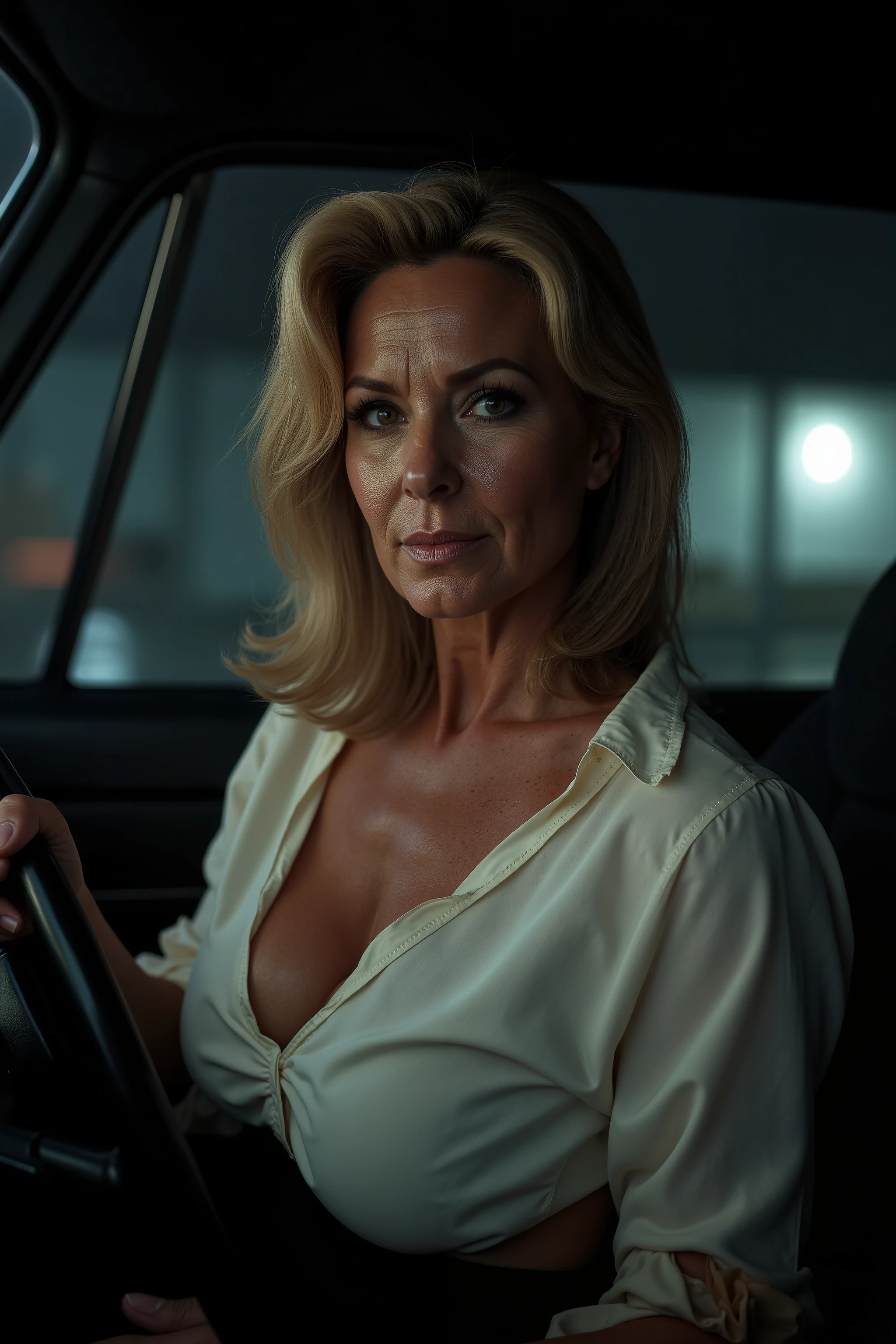 ( mature woman:1.2), My gaze on my chest , brown eyes, (She has wrinkles on her face:1.4), Similar to Marielle Hemingway, Fine lines (8k, high resolution, ultra quality , , super real, best quality :1.2) (large c cup chest :1.1), I can see your eyes through your hair , Dull Blonde Shoulder-length Hair 、Proper eye position, cinematic lights , Soft light, Below the waist, At night, Detailed Tonal Adjustment Background , rolling, tall Highly detailed , 8k, Overall silhouette, (, gets wet in the rain, Rainy white blouse , I can see through her blouse, her tight black skirt 、 showing her beautiful thighs and big curved butt., Water droplets on skin, Moody Rain Background , dramatic lighting, sit in the passenger seat of a car