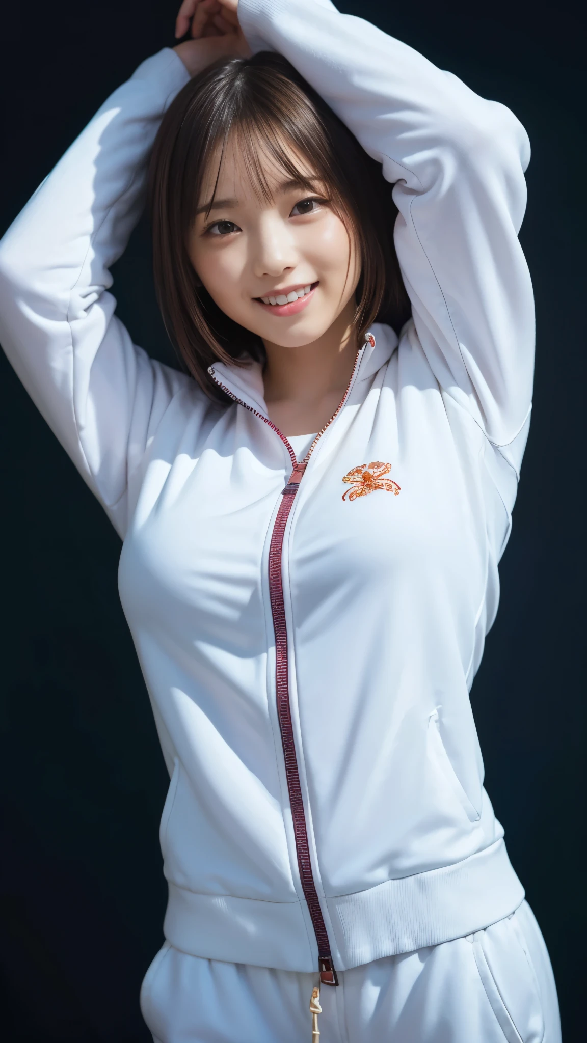 best quality ,masterpiece,Ultra high resolution, high definition RAW color photo , professional photography, natural skin texture , fine skin, Hyperrealism, smiles,gigantic breasts, dark blond hair ,white track suit, tight fit ,(minimal background ),slim body, Shrimp,arms up