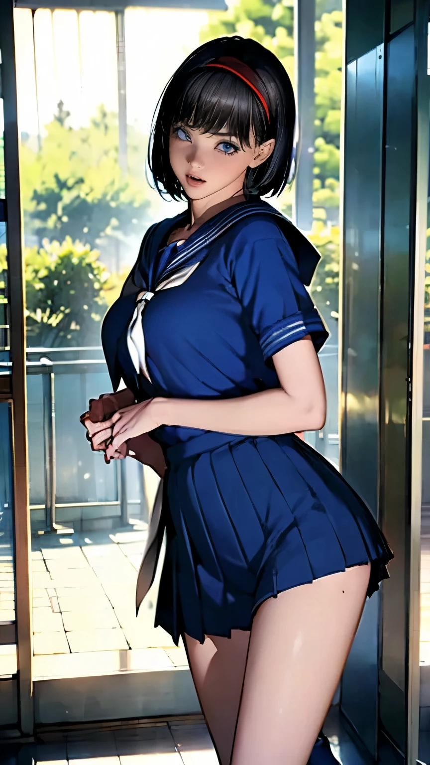 ((( perfect anatomy, anatomically correct , super high density skin))), 1 girl, Japanese , high School girl, Shiny Skin, stares at viewers, (( rear view, from below)),
beautiful hair, beautiful faces, highly detailed facial texture of a woman with a stiff body and , ( short hair:1.1, bob cut:1.2), dark blond hair :1, blue eyes, baby face, Mole Undereye ,
beautiful collarbone, beautiful body, beautiful breasts , big breasted :0.5, beautiful thighs, beautiful legs with tails, cameltoe,
((Short sleeve, cute sailor uniforms all dark blue, dark blue pleated skirt , Navy Blue Sailor Color , Sailor scarf, socks, brown loafers )), Seductive Thighs , ( red slave color),
(( embarrassing, I was scared, sad, Half-open mouth)), standing, ((( Sleek ), undress, raise one leg , pulls white panties)),
( beautiful scenery), summer, School, locker room,
8k, best quality , Masterpiece:1.2, tall Highly detailed ), ( realistic), beautiful illustrations, natural light, whole body,