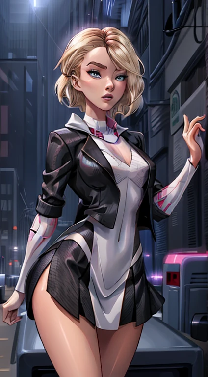 spider-Gwen wearing white lingerie and garter stocking under spider suit. suit is cut out. big-tits, cleavage, huge ass. panties is tee back. bra is see through race. her legs is opening wide. wide angle, POV, from above, standing