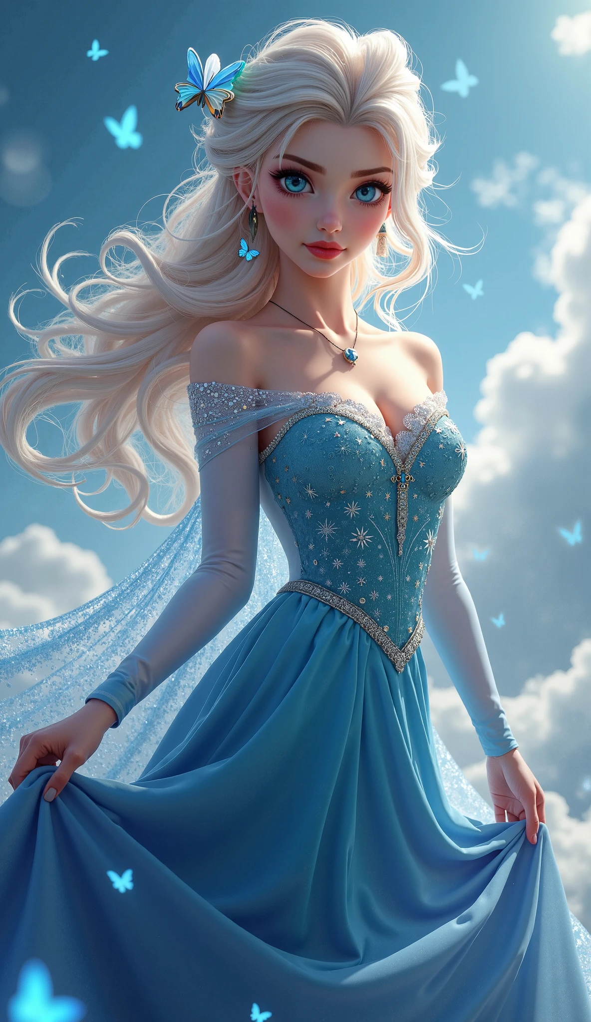 anime style, 1girl, solo, beautiful adult woman,best quality, high quality, elsa \(frozen\), (blue:1.1 cotton dress), gossamer cloak, (frost magic), (snowflakes), platinum blonde braid,   <lora:Outfit_hud-StainedGlassGown:0.75> b34uty_g0wn_3,long multi colored gradient gown, lace, voluminous petticoat off shoulder, tiara, (screengrab from gone with the wind), forest, nighttime,  enchanting, wisps,(glowing)