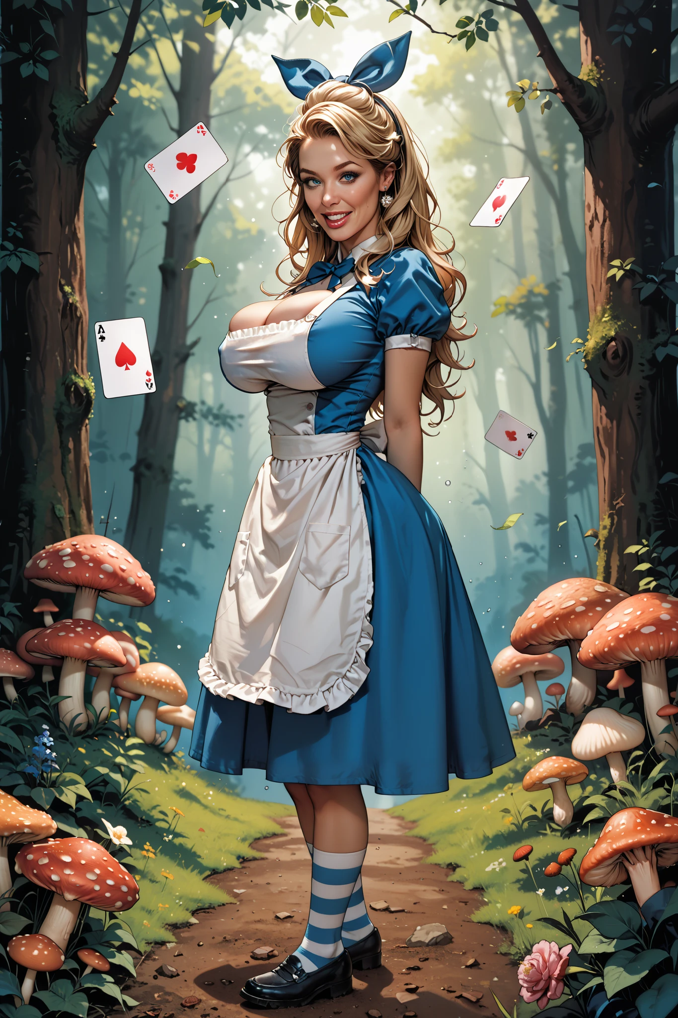 A movie poster, with a blue-eyed blonde milf , wearing a blue dress with a white apron, striped socks, black shoes and a blue bow in her hair, No fundo, a forest with giant mushrooms and flowers of various species and colors, and playing cards falling from above Large breasts, supermodel body,Masterpiece, Best Quality, Award Winning, HD, heavy engorged breasts, massive cleavage, sagging breasts