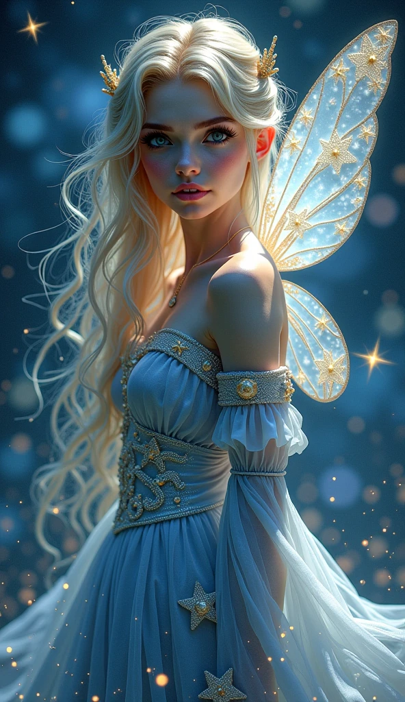 color photo of a mysterious flower fairy with transparent colorful wings, sitting in a divine light, with neon lights, holding a magic wand,axial symmetry, and a magnificent background.silver dress, high heels, flower crown, starry sky background, serene and enigmatic expression, Nikon Z7 II camera, Fujifilm Velvia 50 film, 50mm lens, high saturation, Tim Walker, David LaChapelle, Sofia Coppola, Valentino, Alexander McQueen