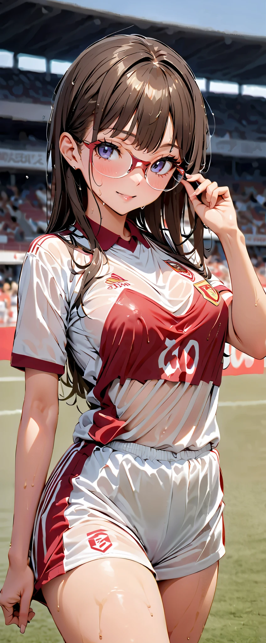 (Masterpiece, best quality , super A high resolution), Japanese woman, ((( very beautiful 20 year old girl ))), Cute Girl 、Staring at the photographer、 (), SUPER CUTE FACE , glossy lips, double eyelids , natural smile 、 natural cosmetics, long lashes, smooth and shiny hair 、【Image Center, Perfect Limbs , perfect anatomy,((( soccer uniform)))、(Wet with sweat),, small tits, see-through,, Moving Poses ((Glasses)),( wet from sweat) Soccer Stadium, skinny, the clothes show through and you can see the bra