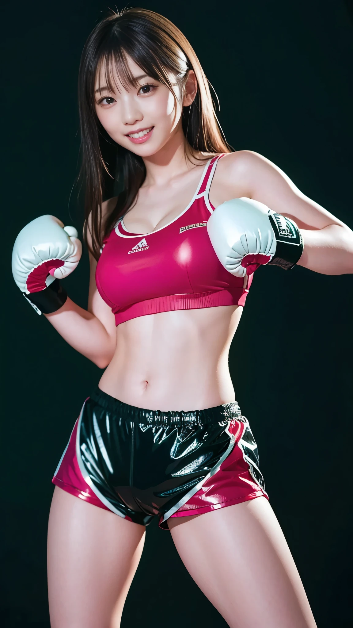  best quality ,masterpiece,Ultra high resolution, high definition RAW color photo , professional photography, natural skin texture , fine skin, Hyperrealism, smiles,gigantic breasts,Dark blonde long hair,(shiny boxer uniform, sports bra, shiny shorts ),(minimal background ), Shrimp,(fighting stance,punching)from side