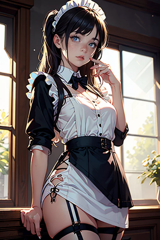 One Girl、(20-year-old woman)、Cat ears headband、Cat tail、Black maid outfit、Holding a tray with two parfaits on it in one hand、With the other hand, lift your skirt to show your underwear、Short skirt、I can see your pants、White knee-high socks、Striped pants、Highest quality、8K、Beautiful Face、Mischievous smile、Wink to the viewer、View Viewer、Bright cafe