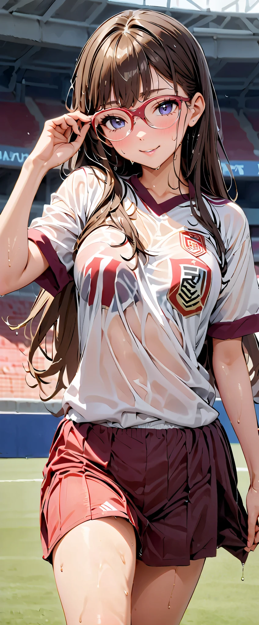 (Masterpiece, best quality , super A high resolution), Japanese woman, ((( very beautiful 20 year old girl ))), Cute Girl 、Staring at the photographer、 (), SUPER CUTE FACE , glossy lips, double eyelids , natural smile 、 natural cosmetics, long lashes, smooth and shiny hair 、【Image Center, Perfect Limbs , perfect anatomy,((( soccer uniform)))、(Wet with sweat),, small tits, see-through,, Moving Poses ((Glasses)),( wet from sweat) Soccer Stadium, skinny, the clothes show through and you can see the bra